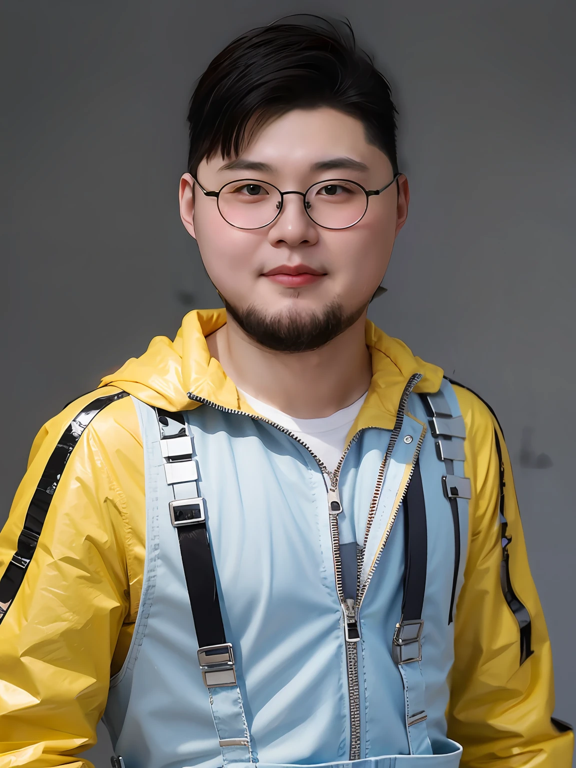 A Chinese male high school student，Wear PVC casual overalls，There are zippers