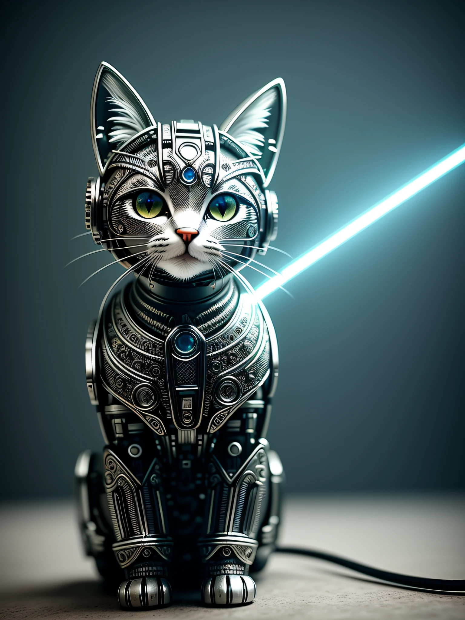 A cute kitten made of metal, (cyborg:1.1), ([tail|detailed wire]:1.3), (intricate detail), hdr, (intricate detail, hyperdetailed:1.2), cine footage, halo shadow, centered