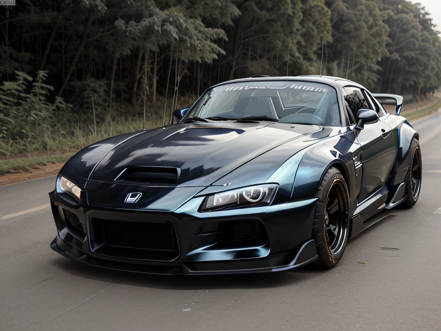 uma vista frontal 3/4 dos ((futurista cyberpunk Honda S2000 )) (com pneus brilhantes), no meio da estrada em uma floresta,