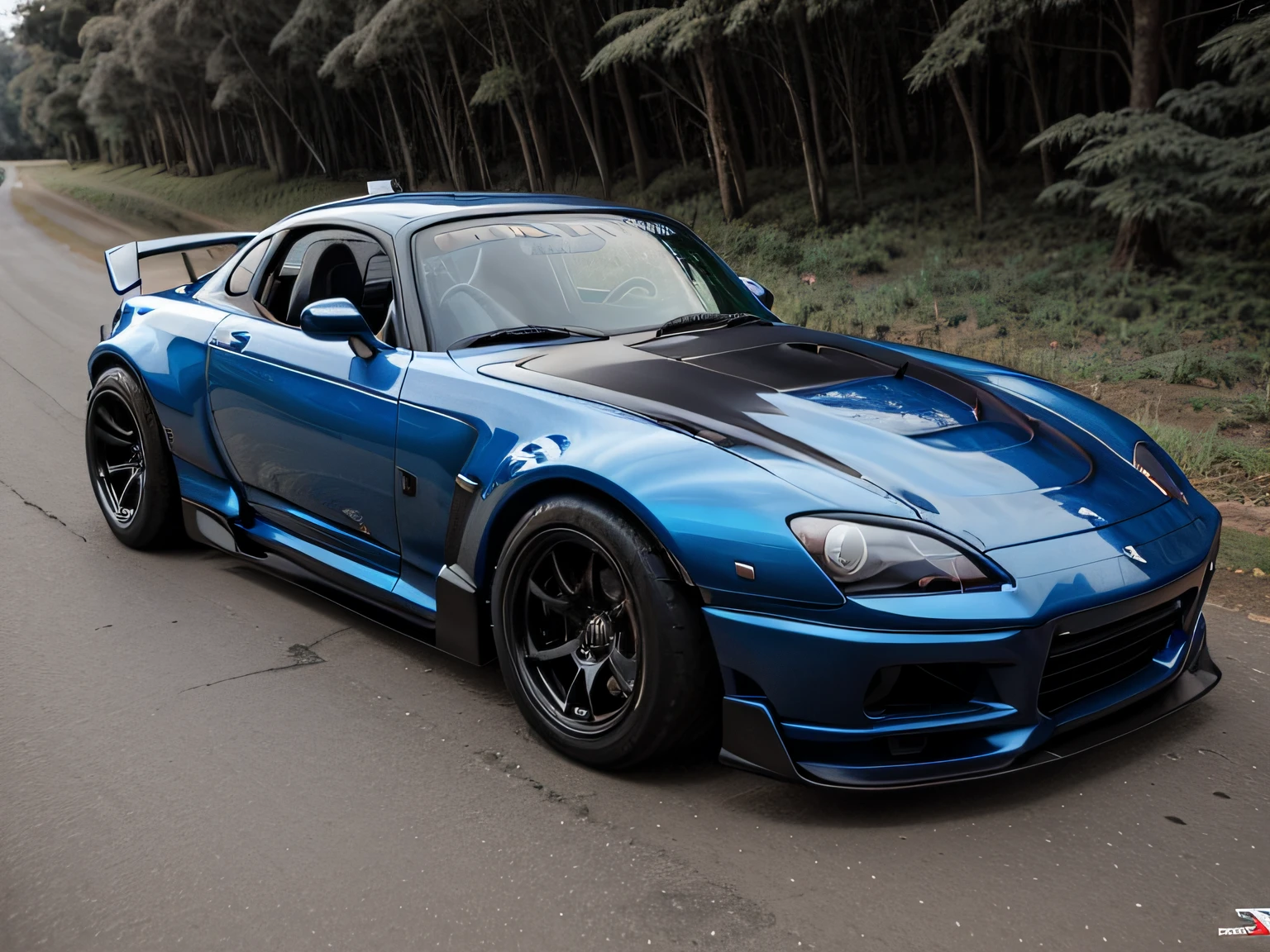 uma vista frontal 3/4 dos ((futurista cyberpunk Honda S2000 )) (com pneus brilhantes), no meio da estrada em uma floresta,