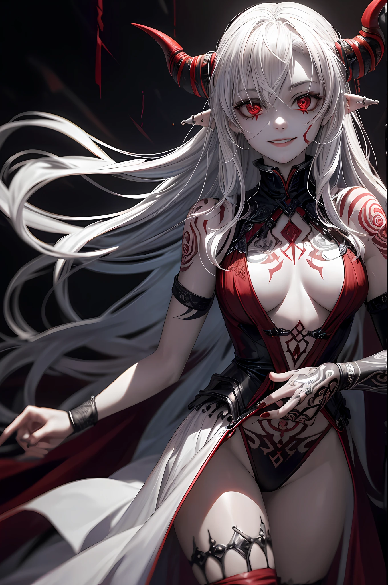 (ashenhard style:1.4), masterpiece, top-quality, hightquality,(Has a dark red glow and red eyes、Dark shapeless creatures surrounded by darkness:1.2), (In profile), (dark:1.2), abstraction, abyssal, awardwinning photo, depth of fields, HDR, ighly detailed, trending on artstationh, Trending in CGSighbour, Convoluted, High Detail,(masterwork:1.2、top-quality)、(The best lighting、extremely delicate and beautiful)、(The best lighting、extremely delicate and beautiful)、(beautifull detailed face)、(Detailed eyes and detailed face:1.2)、((4 finger,Thumb、Detailed hands and fingers,High-resolution hands and fingers:1.2)),Dark Fantasy, (younggirl, Little beast, 1girl, 独奏, Crazy smile, pale skin,19 piercings,((tattoos all over the body,Tribal tattoos all over the legs)) white hair, eyes glowing red, Dynamic Angle, Vampires), (Chains in the background,Get a magic circle,Get demons to be summoned), (Devil from Magic Circle)Magic Thunder, pointy_ears, tusk,Demon Wings,Demon Horns,Blood on the face,Blood Rain,Blood fog,(depth of fields),highcontrast,(blood splashing:1.4),cowboy shot,full bodyesbian,negligee,Birth,Magnificent stage