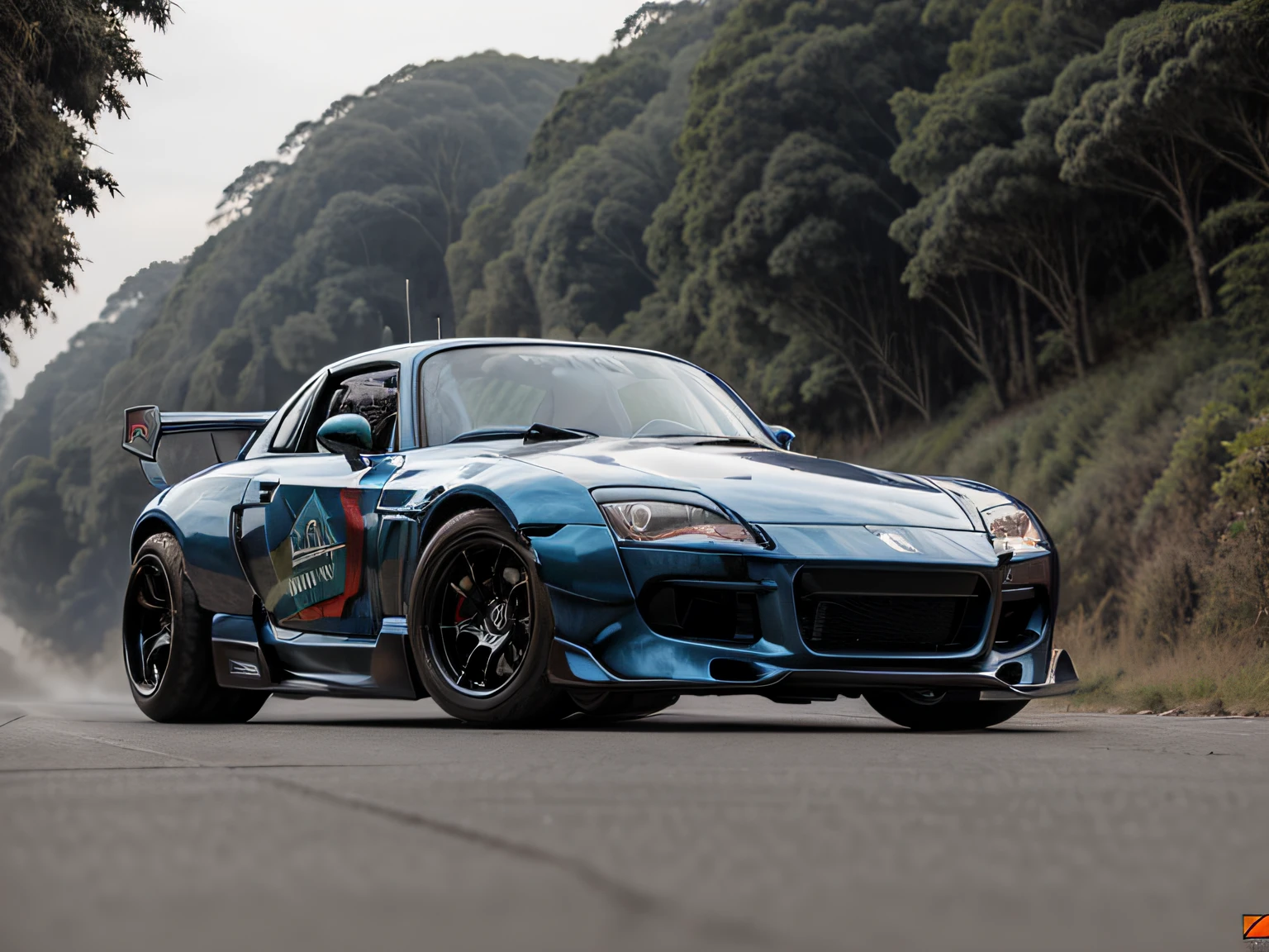 uma vista frontal 3/4 dos ((futurista cyberpunk Honda S2000 )) (com pneus brilhantes), no meio da estrada em uma floresta,