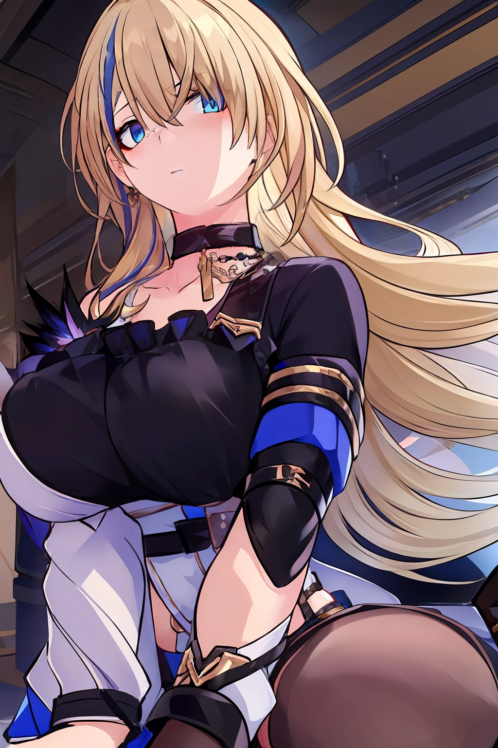 (masterpiece),best quality, expressive eyes, perfect face, 1girl,
big breast, H-cup, good breast, beautiful, gorgeous ,serval landau,
blonde hair,
streaked hair,
multicolored hair,
long hair,
black choker,
gloves,
jacket, laying down