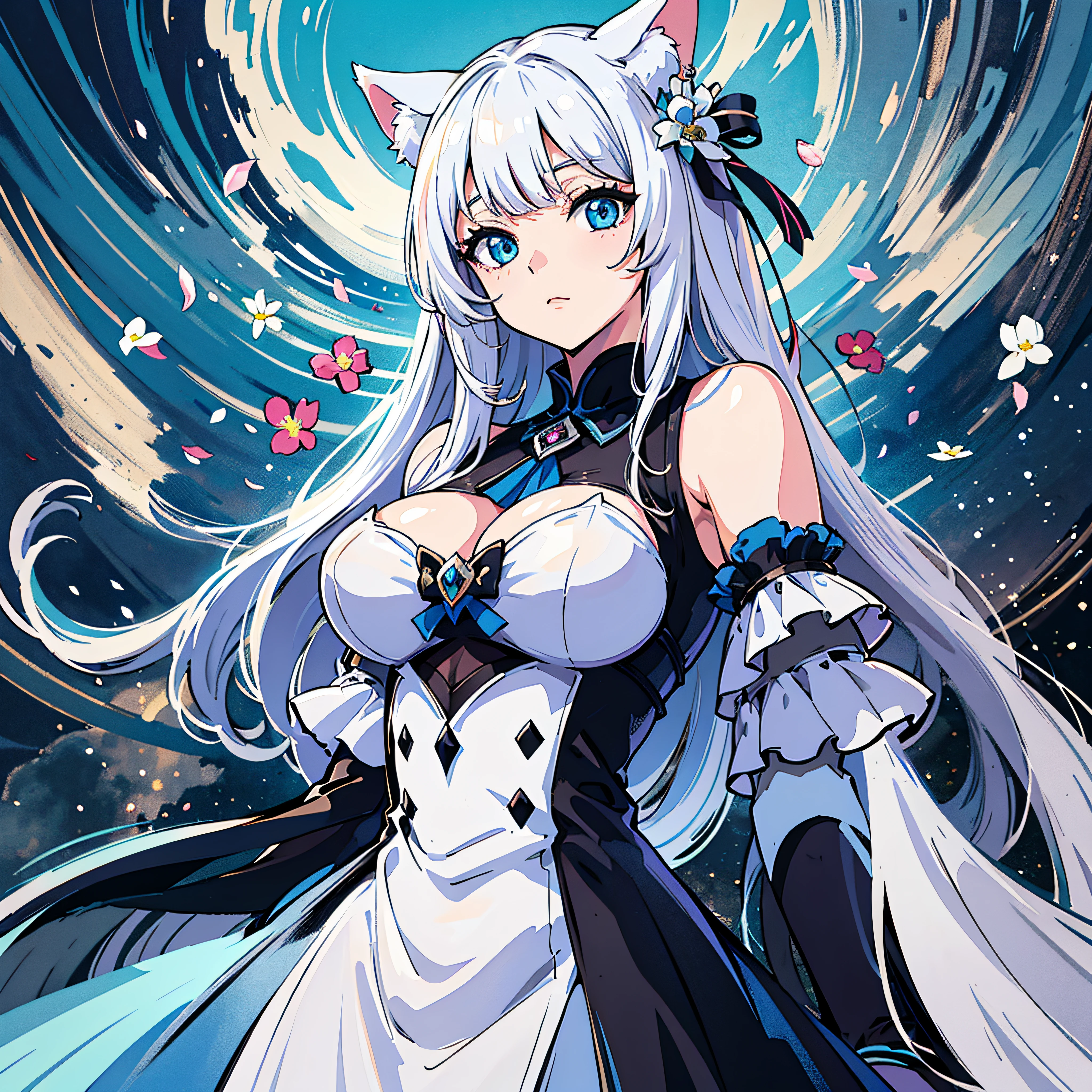 long white hair,White cat ears,Cat lady,anime big breast,Perfect face,shinning eyes,flower sea,Works of masters,8K,s the perfect face,blue color eyes,super high image quality,shift dresses,The upper part of the body
