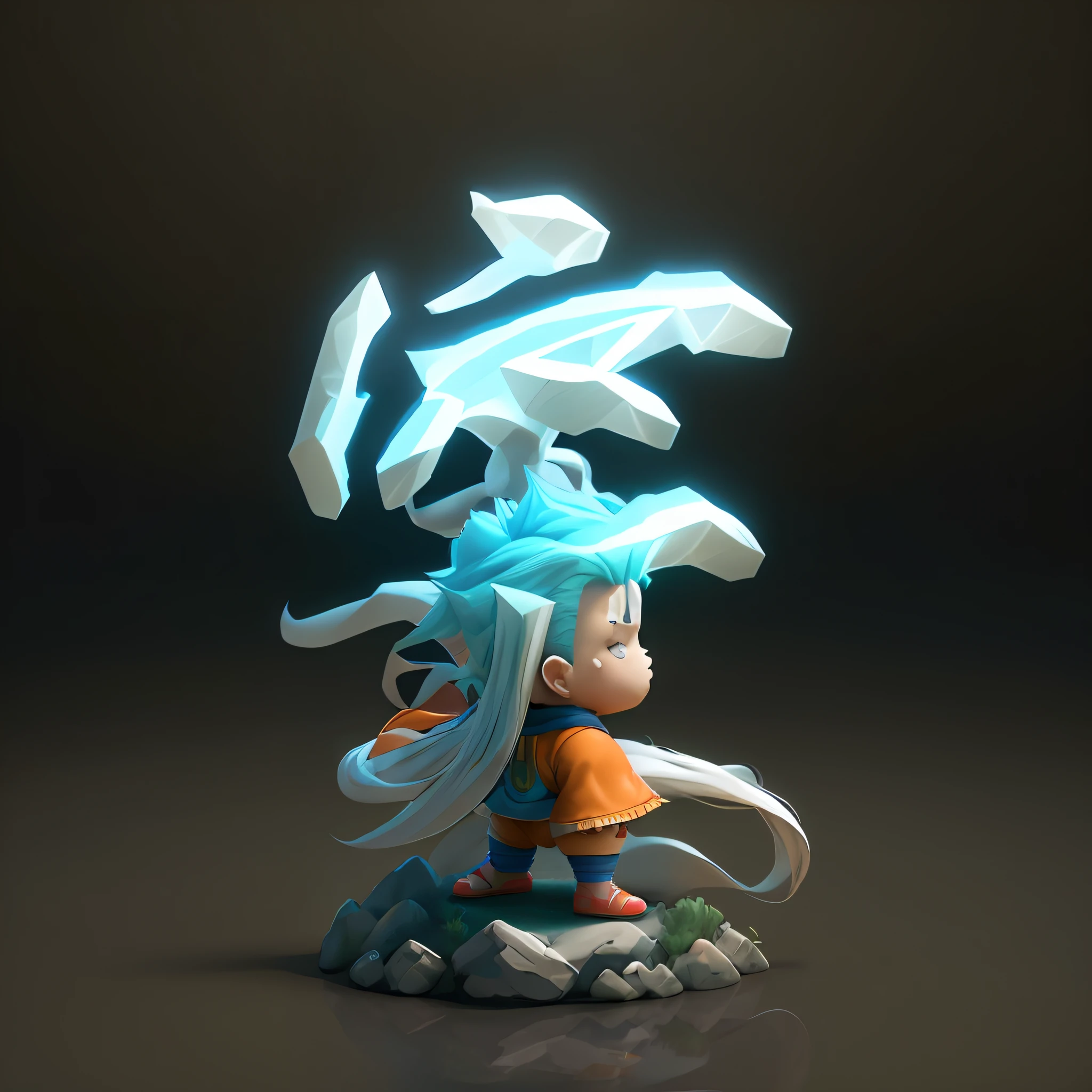 Goku, super saiyan, exquisite hair, arm depiction, white and blue hair body, exquisite shoes, eye depiction, exquisite hair, popmart blind box, clay texture, stepping on the land, black and white background, natural lighting, most good quality, super detail, 3D art, c4d, OC renderer, 3D rendering, 8k