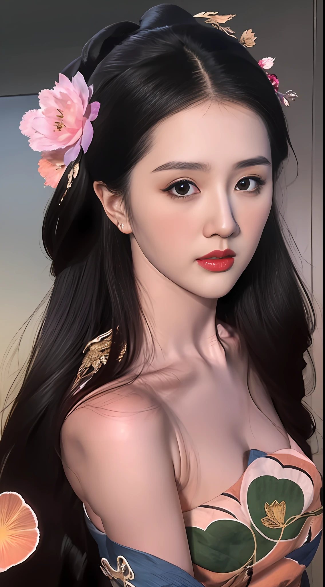 1 18-year-old girl is extremely pretty and graceful, masterpiece, highres, In the Dark: 1.6), Super realistic female portrait of David Hockney and Alphonse Mucha, realistic art, long silky black hair, double bangs, long pigtails on the back, chinese face, cute face, realistic girl, photorealism, dynamic lighting, artstation, volumetric lighting, very detailed faces, round face, ((round chin:1.9)), 8k ultra, Awarded, in the dark, deep shadow, low key, cowboy lens, red phoenix dress, bust, luxurious palace, hanfu style, crown, black eyes make up very sharp and detailed, face cleaning, the most beautiful face, even rabbit teeth, bright white teeth, chinese pretty girl, the breasts are very big and round and round, breast augmentation, very tight breasts, Super realistic, chinese women's clothing, Charming smile, The eyes are very well made up, eye bags under wet makeup, guweiz, dunhuang style, wearing black mesh socks, long and neat black hair, double bangs, red lipstick, ((thick upper lip:0.6)), small and red lips, Hands pull the straps to reveal sexy breasts, the landscape is overcast and thunderous, upper body portrait, Close-up of the main character, (Background details 1.8),HDR, UHD, 8k quality, detailed pixel, super realistic, ultra realistic,