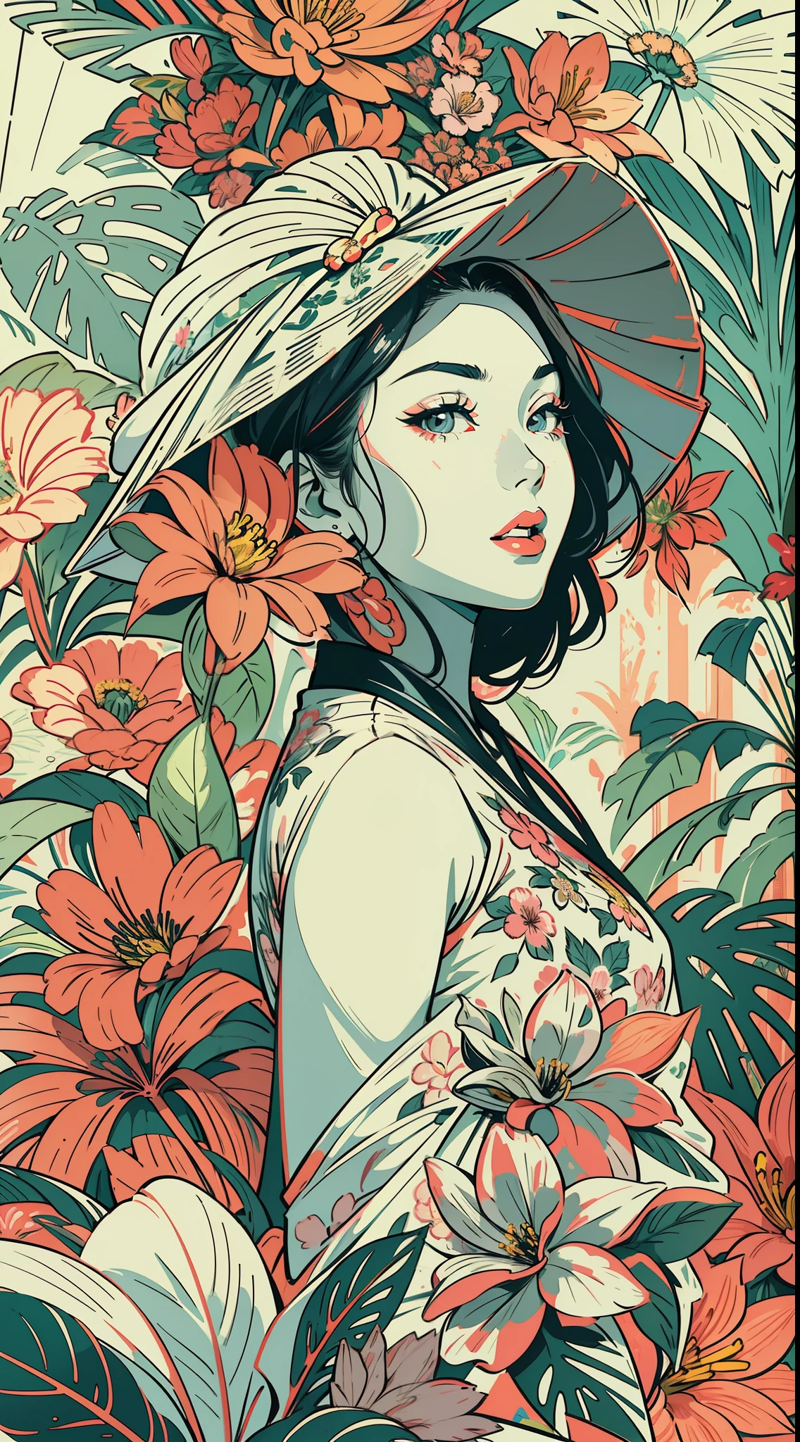 Create a digital art work in pop art style, featureing a vibrant and confident asian woman, cinematic color scheme, surrounded by vintage flowers patterns, energtic brushstrokes,the mood should be dynamic, upper body, drawing, illustration, grayscale, tropical, vintage fruits, vintage plants, many flowers, vector