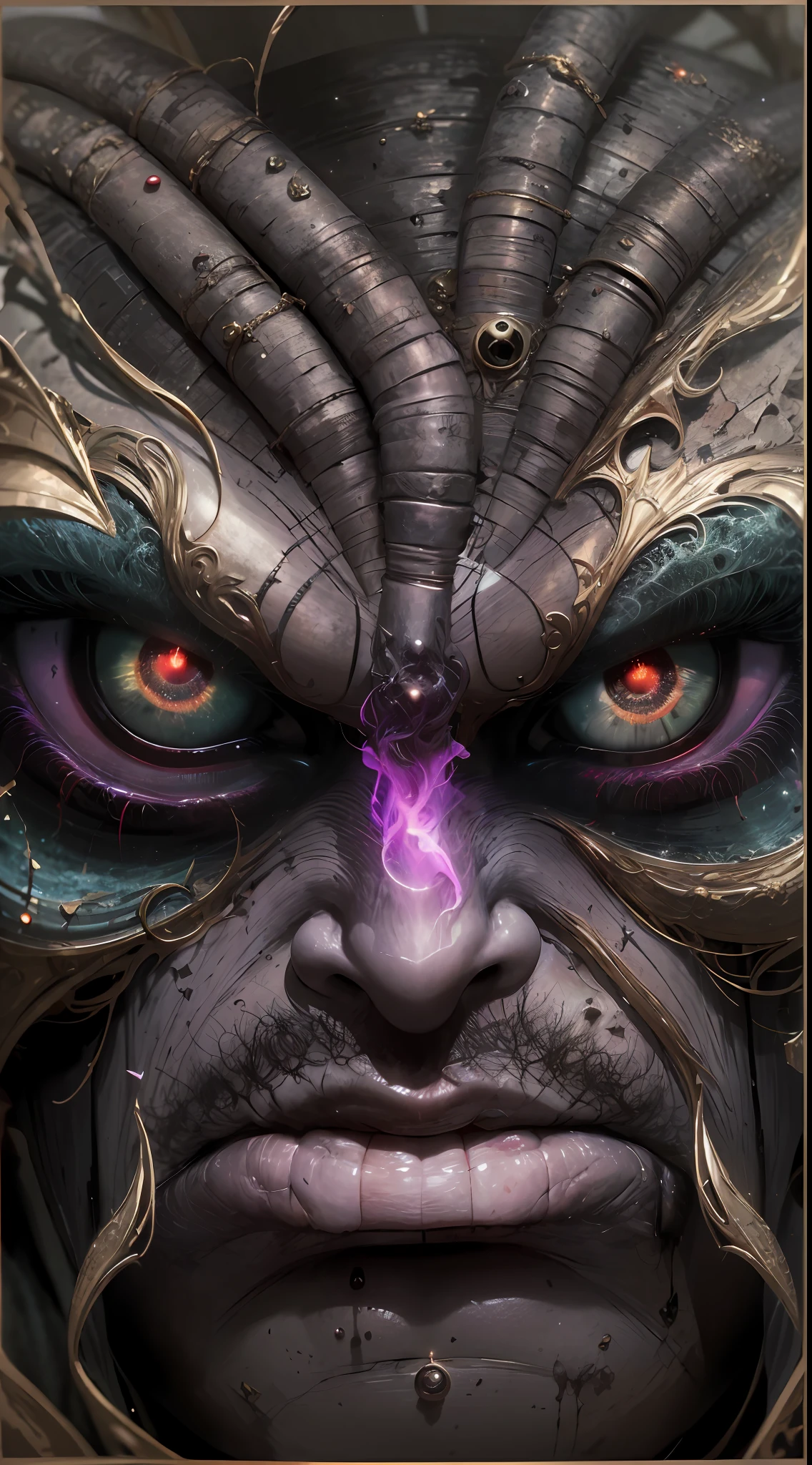 (absurdos, Altas Resoluciones, Ultra detallado, HDR), Obra maestra, La mejor calidad, Un hombre calvo sentado en Demon con un ojo gigante, en mirada arrogante, solamente, hombre rudo, demon eyeball, globo ocular gigante, asqueroso, Ala de demonio negro, cuerno de demonio, guapo, Ojos rojos, ojo brillante, black robe, Pendiente y accesorio, pecho desnudo, cara arrogante, cuerpo completo, magic vortex, chispa, remolino, Aura negra, un cielo negro y nublado, abismo, Antecedentes abstractos, desde un lado, buscar, sonrisa malvada