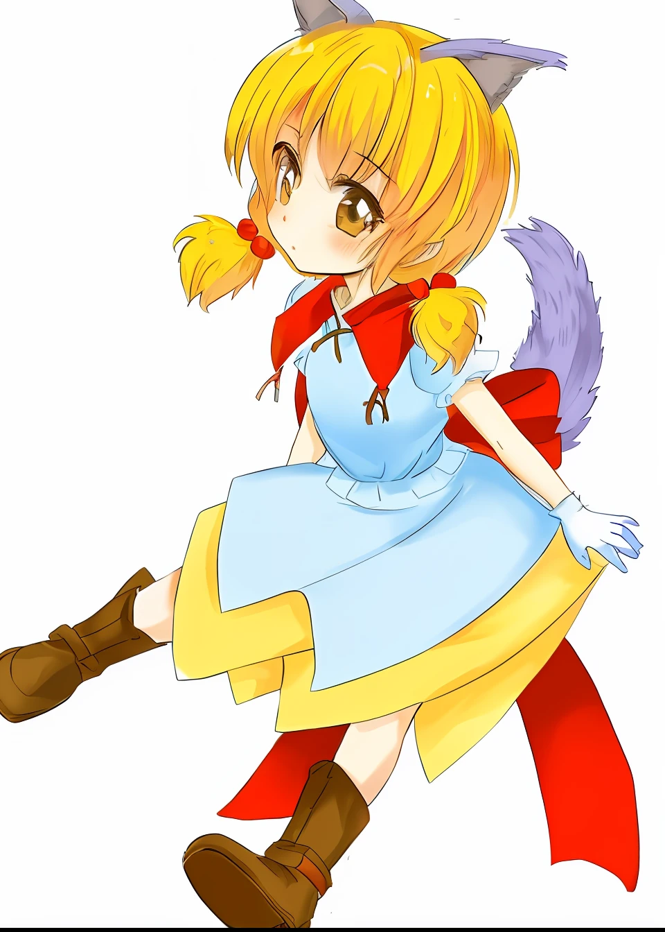 Cartoon girl in blue dress and red cloak, touhou character, inspired by Leiko Ikemura, from touhou, aya takano color style, inspired by Takehisa Yumeji, inspired by Tsubasa Nakai, Lori, in ryuuou no oshigoto art style, female furry mini cute style, small curvy loli