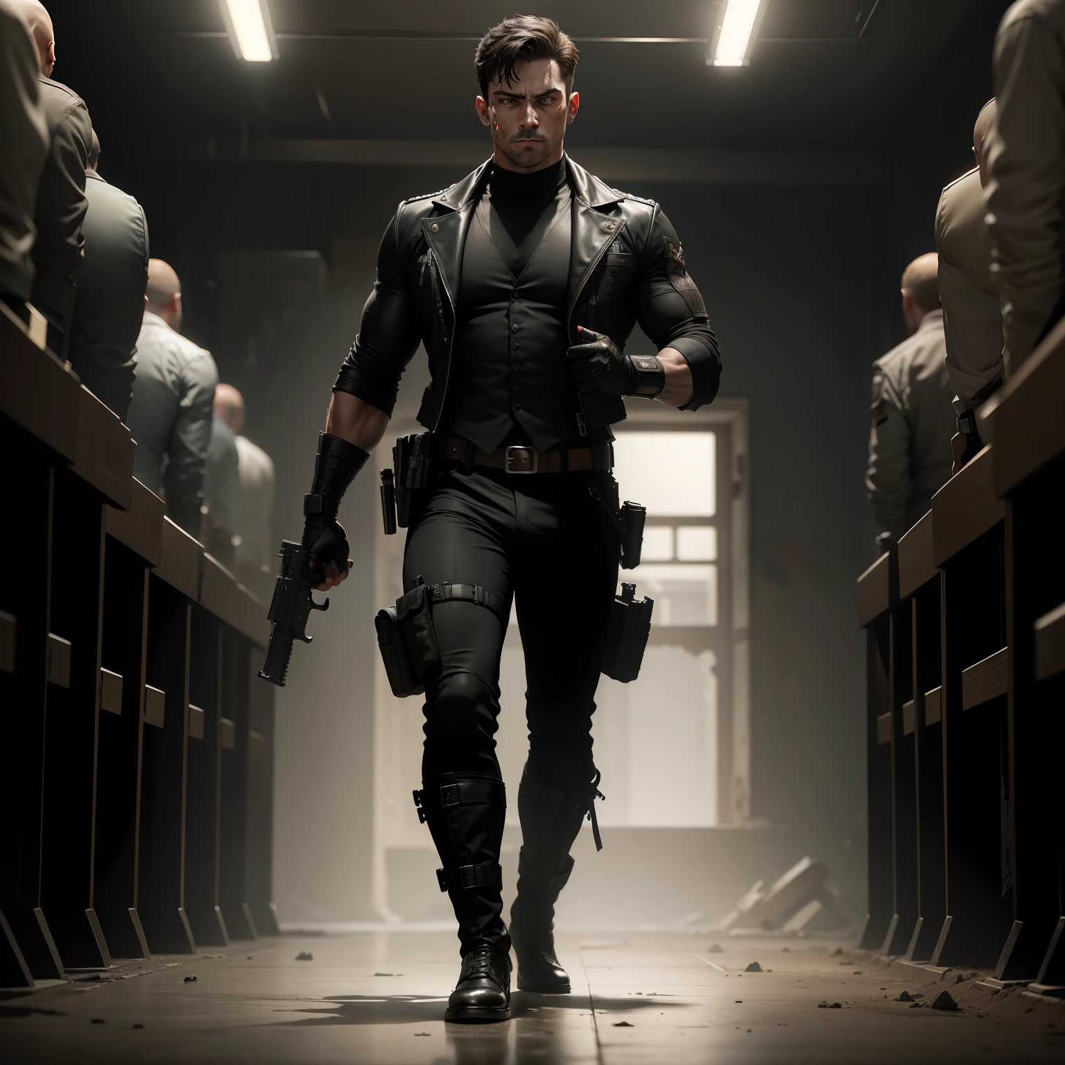 (High res, best quality, masterpiece) adult male, (solo male) harsh lighting 4k, dramatic lighting 4k, full body, athletic build, muscular, rugged look, serious expression, short black hair, brown eyes, (detailed eyes), face: blood stain, (holding, guns: pistols), (detailed guns), bulletproof vest, ((white skull painted on)), ((gloves: black)), shirt: black, boots: brown, an army of shadows surround him as he stands in the middle of a large battlefield