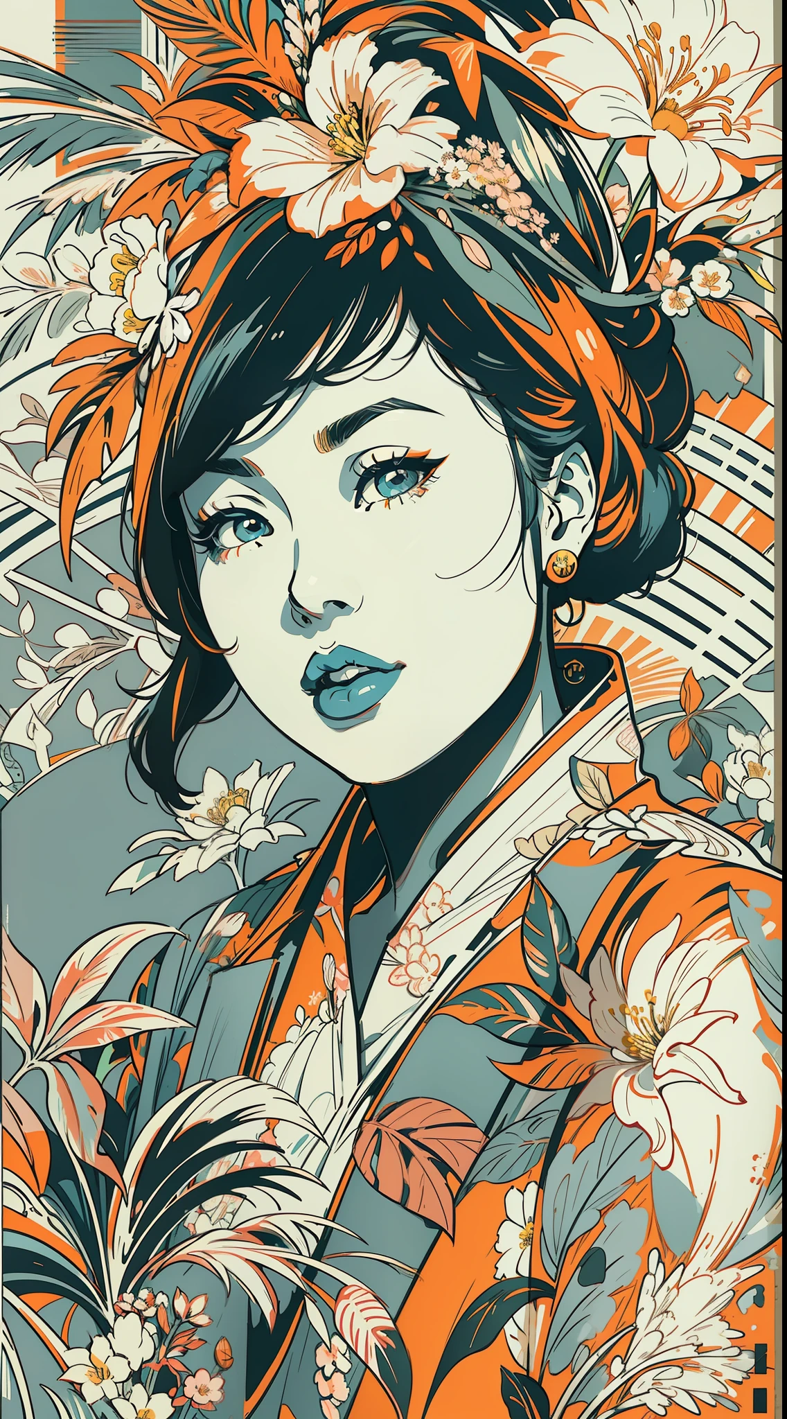 Create a digital art work in pop art style, featureing a vibrant and confident asian woman, cinematic color scheme, surrounded by vintage flowers patterns, energtic brushstrokes,the mood should be dynamic, upper body, drawing, illustration, grayscale, tropical, vintage fruits, vintage plants, many flowers, vector