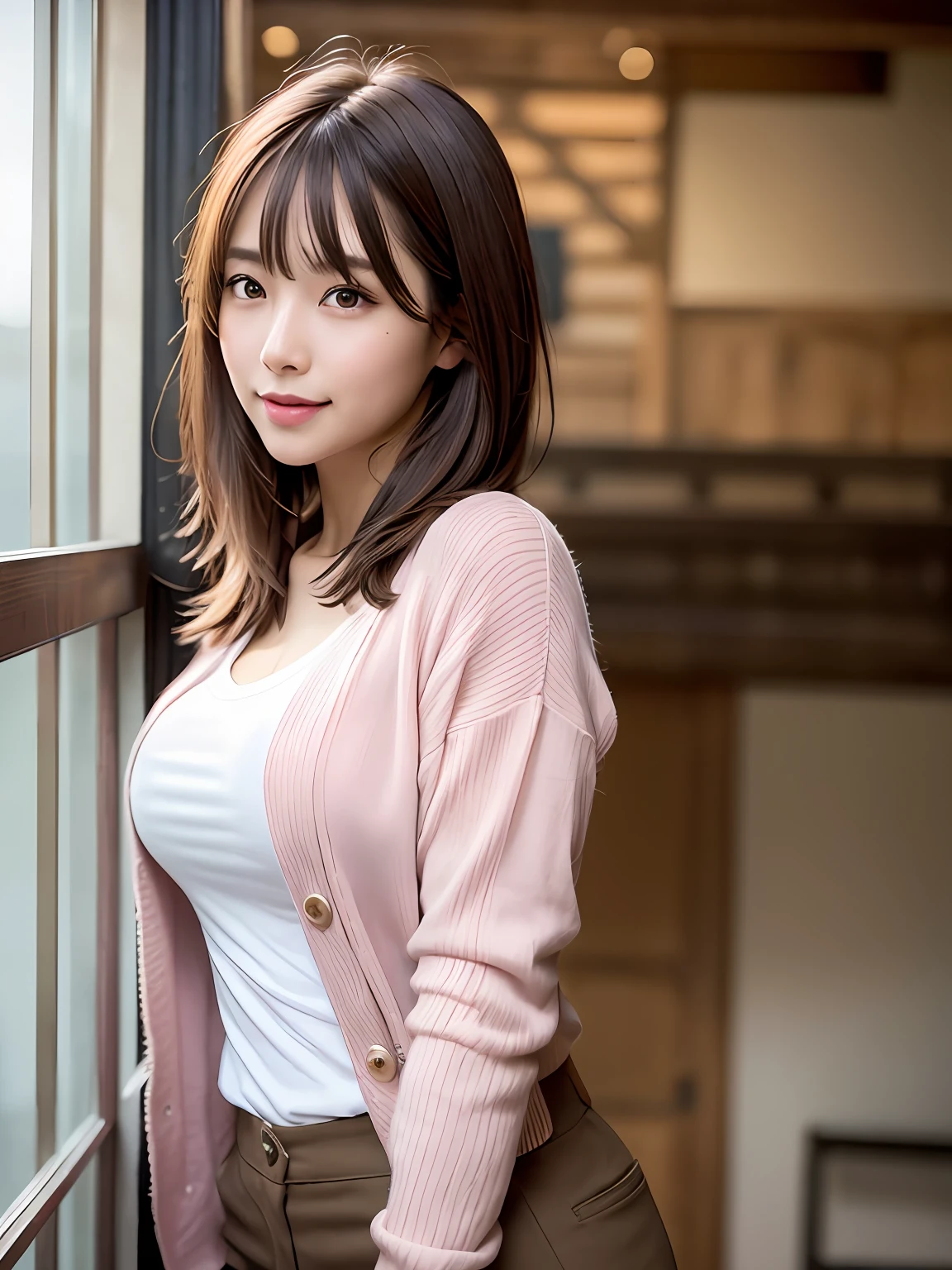 product quality, 1 girl per 1 photo, an angle of looking subject up, cowboy shot, side view, a Japanese young pretty girl, long bob hair, wearing a marriage ring, stroking a horse with a big smile in a horse riding club in London, wearing a long sleeves pink cardigan in her shoulders, wearing a T-shirt with a graphic printed, wearing light brown pants, hyper cute face, glossy lips, double eyelids for both eyes, natural makeup, shiny smooth light brown hair of long bob hair, asymmetrical bangs, tanned skin, central image, 8K resolution, high detail, detailed hairstyle, detailed face, cinematic lighting, octane rendering, hyper realistic, perfect limbs, perfect anatomy
