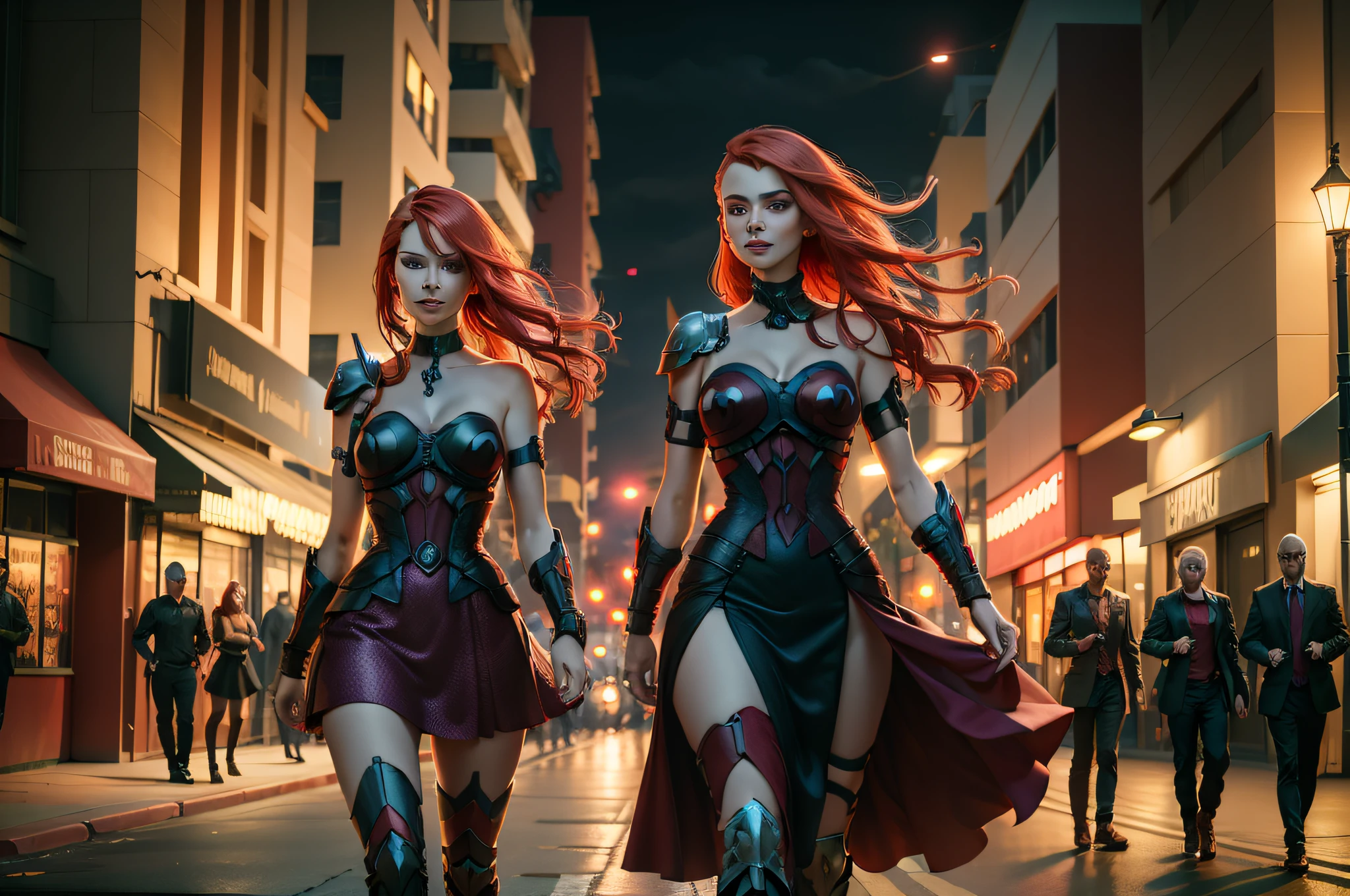A portrait of a red-haired woman with purple eyes wearing a fanciful dress of red and black colors, walking down the street at night, a street with only buildings around and all lit up in cyberpunk style