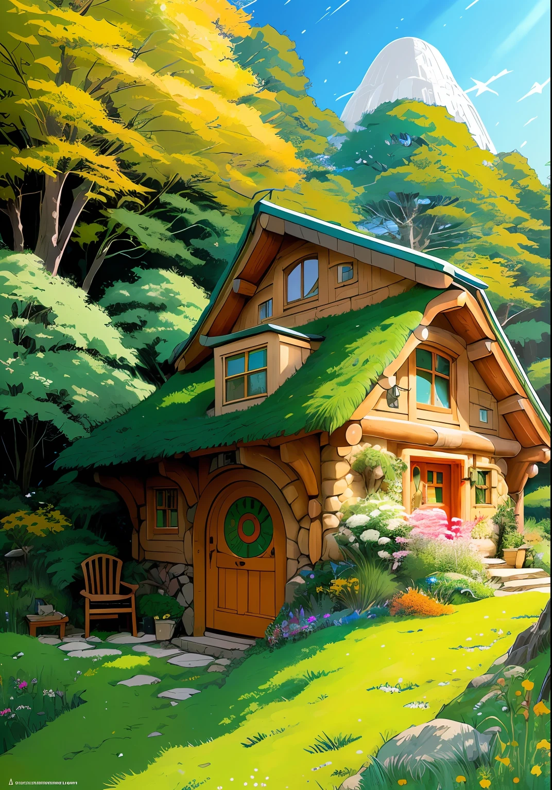 Realistic, real life, beautiful hobbit house on the hill, style of laurie greasley, studio ghibli, akira toriyama, james gilleard, genshin impact, trending pixiv fanbox, acrylic palette knife, 4k, vibrant colors, devinart, trending on artstation