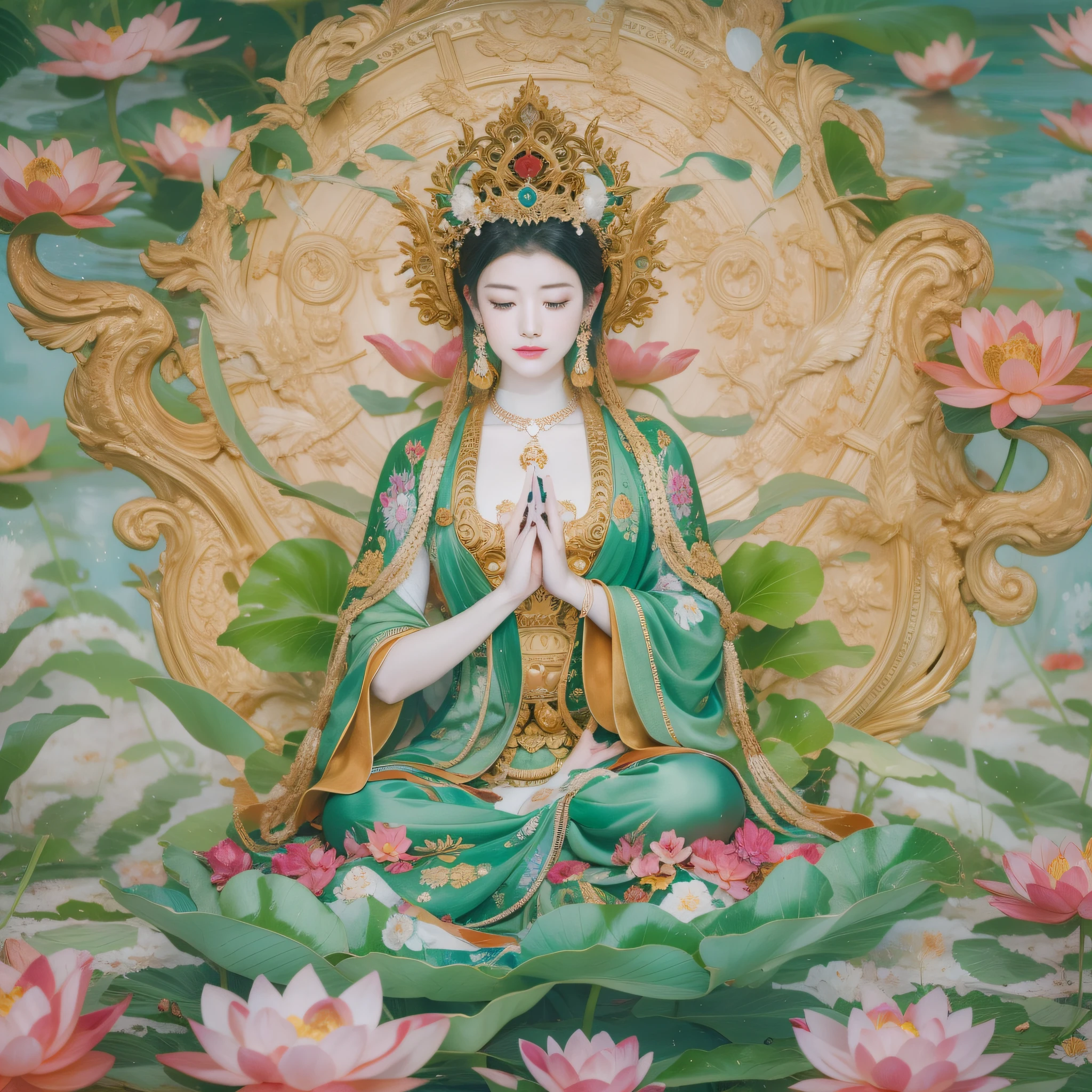 Close-up of a painting of a person sitting on a lotus, Bodhisattvas, goddess of love and peace, guanyin, Satisfied female bodhisattva, guanyin of the southern seas, inspired by Tani Bunchō, patron saint of 🛸🌈👩🏾, Tanka, God Leasha Hannigan、​masterpiece、Beautiful fece、real,32k
