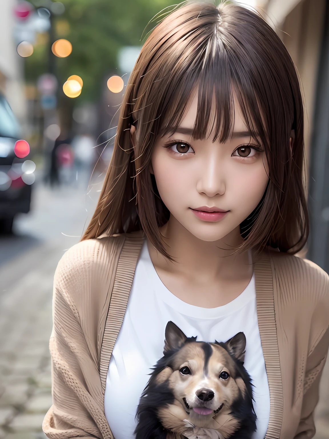 product quality, 1 girl per 1 photo, cowboy shot, front view, a Japanese young pretty girl, long bob hair, wearing a marriage ring, riding a horse with a big smile in a horse riding club in London, wearing a long sleeves pink cardigan around her waist, wearing a T-shirt with a graphic printed, wearing light brown pants, hyper cute face, glossy lips, double eyelids for both eyes, natural makeup, shiny smooth light brown hair of long bob hair, asymmetrical bangs, tanned skin, central image, 8K resolution, high detail, detailed hairstyle, detailed face, cinematic lighting, octane rendering, hyper realistic, perfect limbs, perfect anatomy