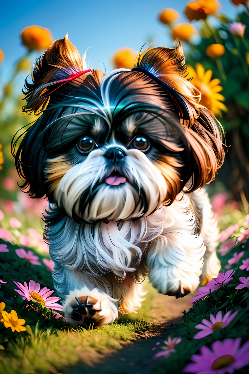 (((anime dog shih tzu female running through a field of flowers))), fotorrealista, foto, obra-prima, realista, realismo, fotorrealismo, alto contraste, Trending photorealistic digital art on Artstation 8k HD high definition detailed realistic, detalhado, textura da pele, hiper detalhado , textura de pele realista, armadura, melhor qualidade, ultra high-resolution, (fotorrealista: 1.4), alta resolução, detalhada, foto crua, sharp re, By Lee Jeffries Nikon D850 Film Photography 4 Kodak Portra 400 Camera F1.6 Rich Color Lens Realistic Texture Hyper Realistic Dramatic Lighting Unrealistic Engine Trend on Artstation Cinestill 800,