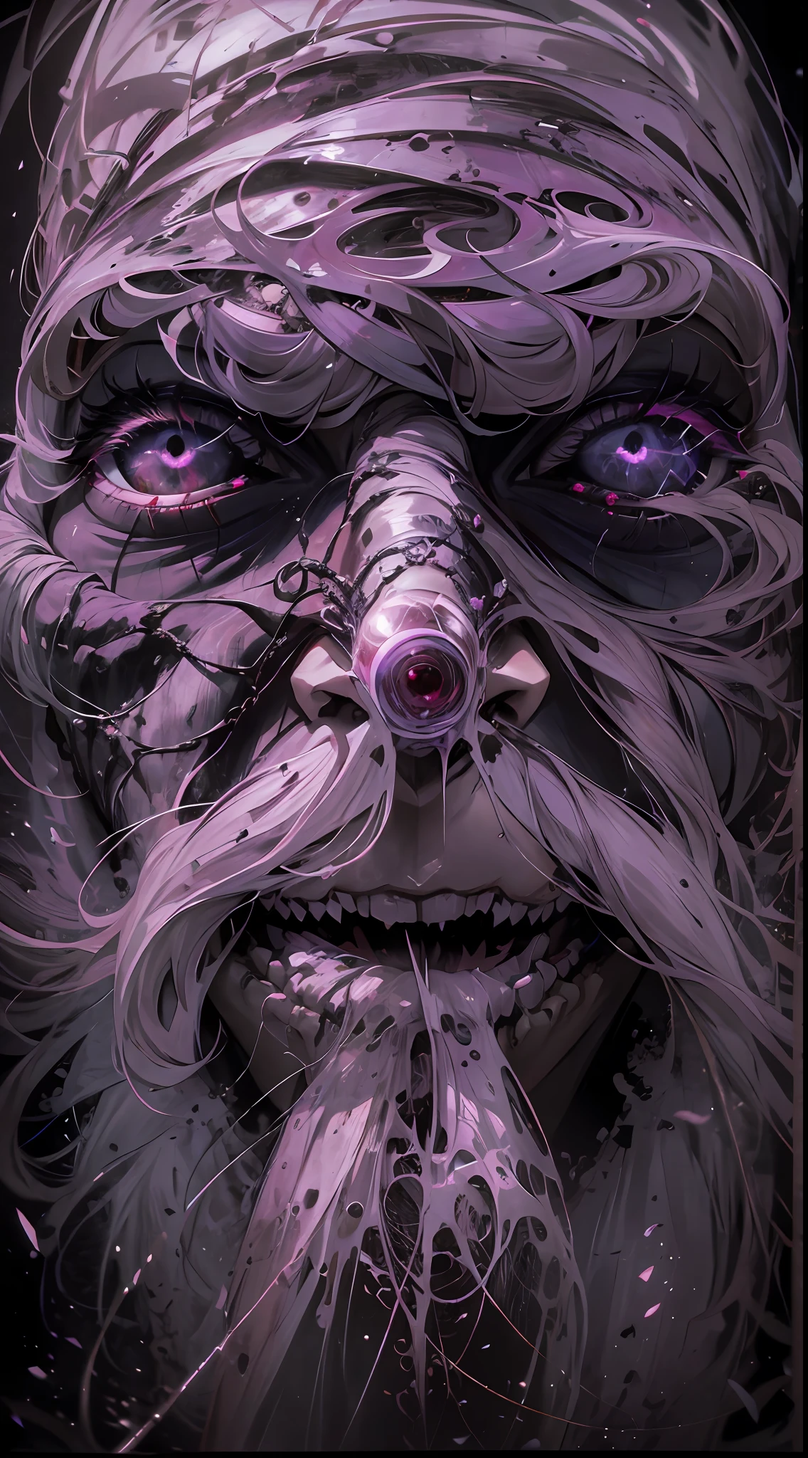 (absurdos, Altas Resoluciones, Ultra detallado, HDR), Obra maestra, La mejor calidad, Un hombre calvo sentado en Demon con un ojo gigante, en mirada arrogante, solamente, hombre rudo, demon eyeball, globo ocular gigante, asqueroso, Ala de demonio negro, cuerno de demonio, guapo, Ojos rojos, ojo brillante, black robe, Pendiente y accesorio, pecho desnudo, cara arrogante, cuerpo completo, magic vortex, chispa, remolino, Aura negra, un cielo negro y nublado, abismo, Antecedentes abstractos, desde un lado, buscar, sonrisa malvada