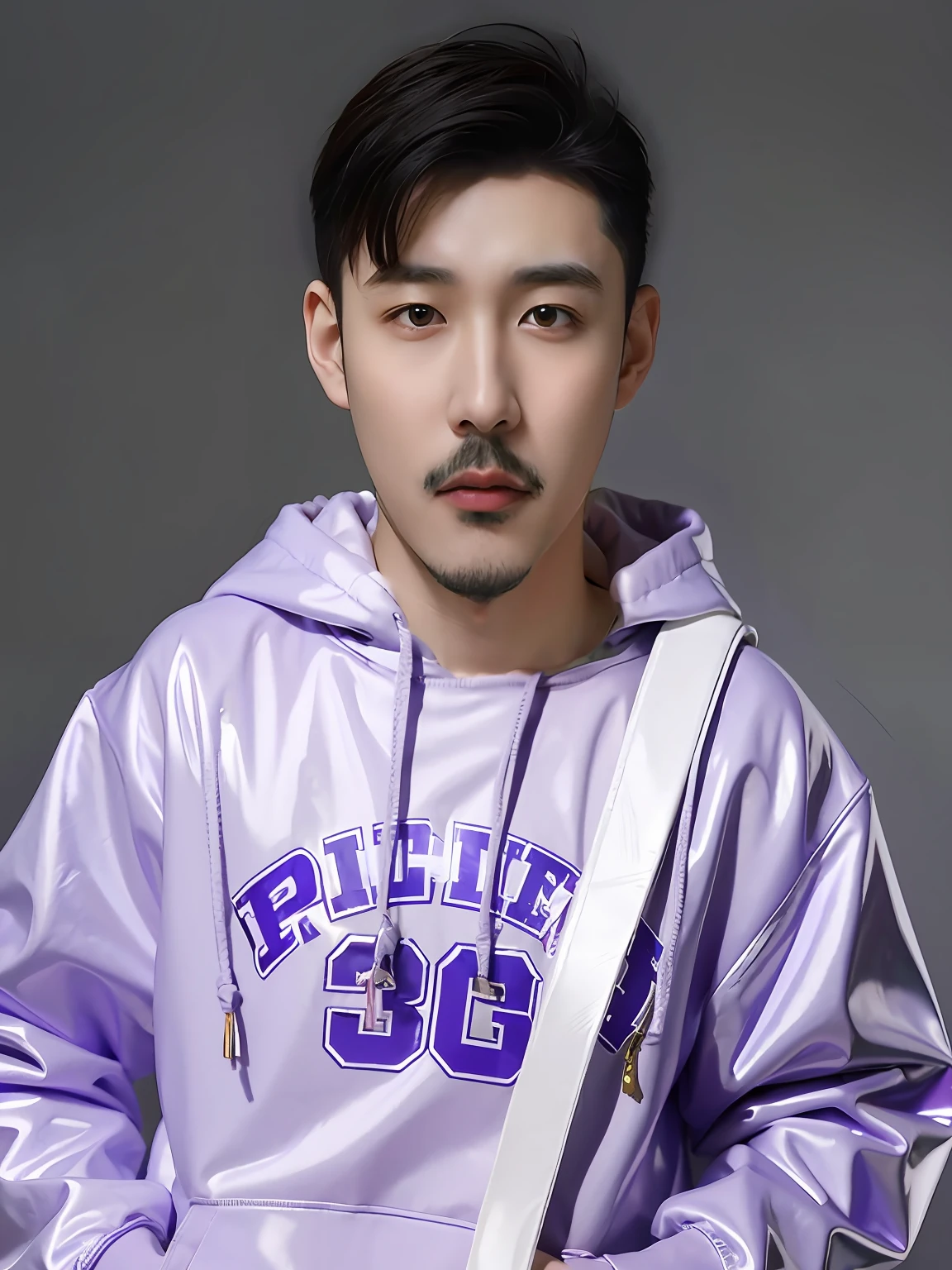 A Chinese male high school student，Wearing a PVC purple sweatshirt，with hat