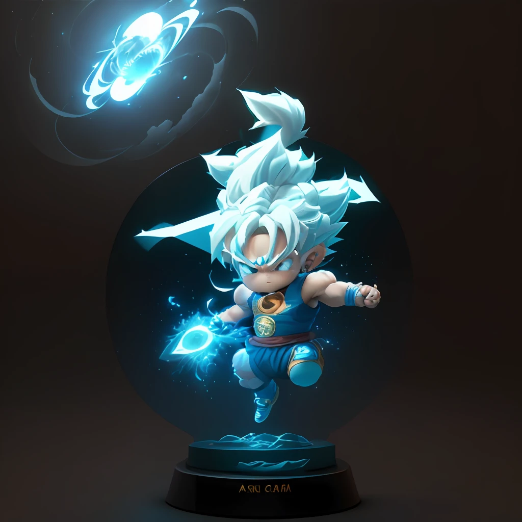 Goku, super saiyan, exquisite hair, arm depiction, white and blue hair body, exquisite shoes, eye depiction, exquisite hair, popmart blind box, clay texture, stepping on the land, black and white background, natural lighting, most good quality, super detail, 3D art, c4d, OC renderer, 3D rendering, 8k