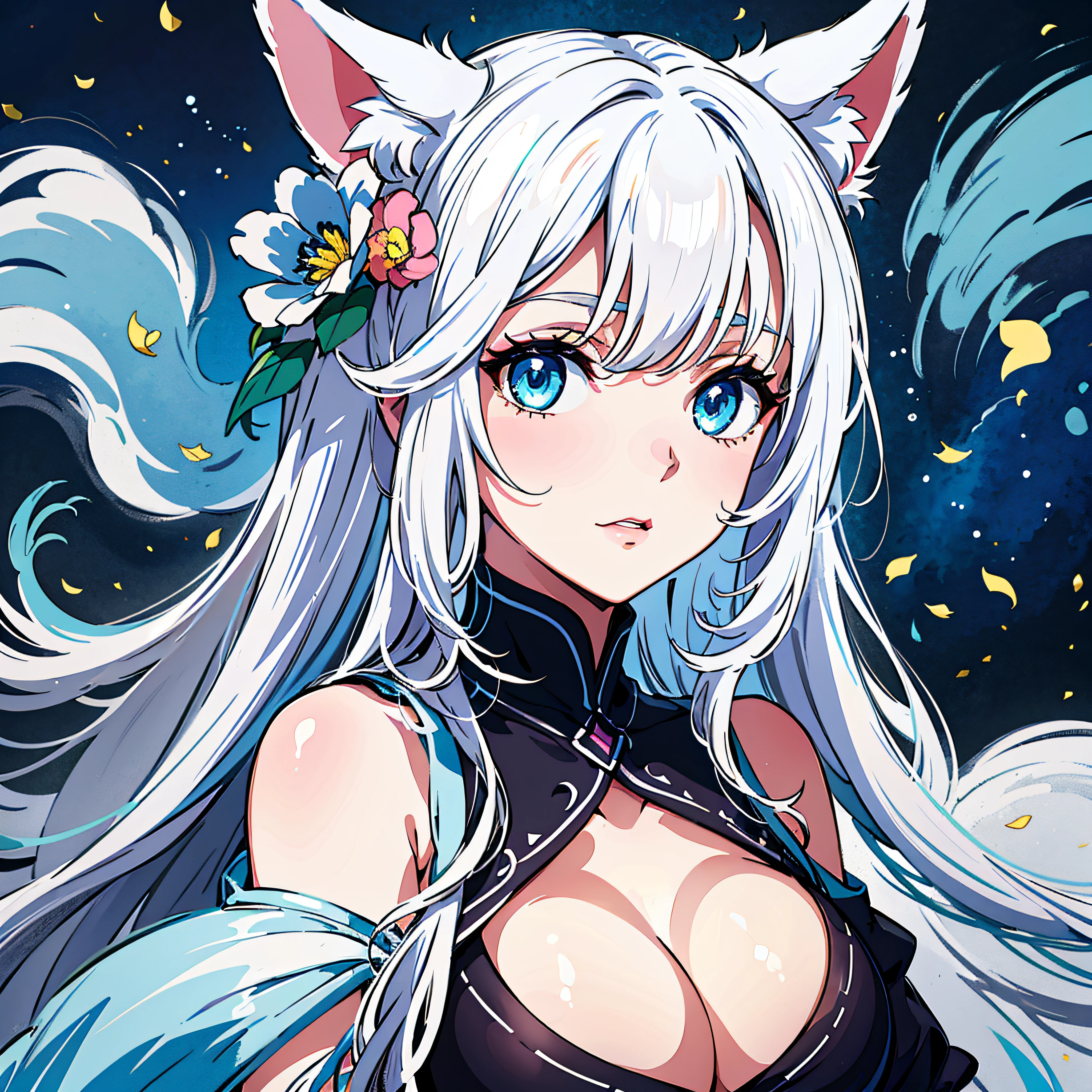 long  white hair，White cat ears，Cat lady，anime big breast，Perfect face，shinning eyes，flower  sea，Works of masters，8K，s the perfect face，blue color eyes，super high image quality，shift dresses，The upper part of the body