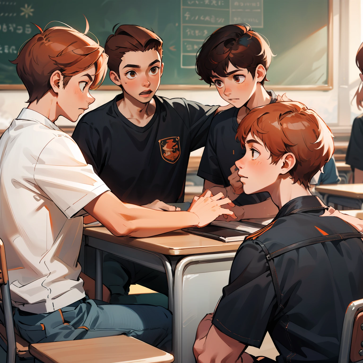 15-year-old male adolescents with brown Latin skin and orange hair, estan en la escuela hablan preocupados sobre algo importante
