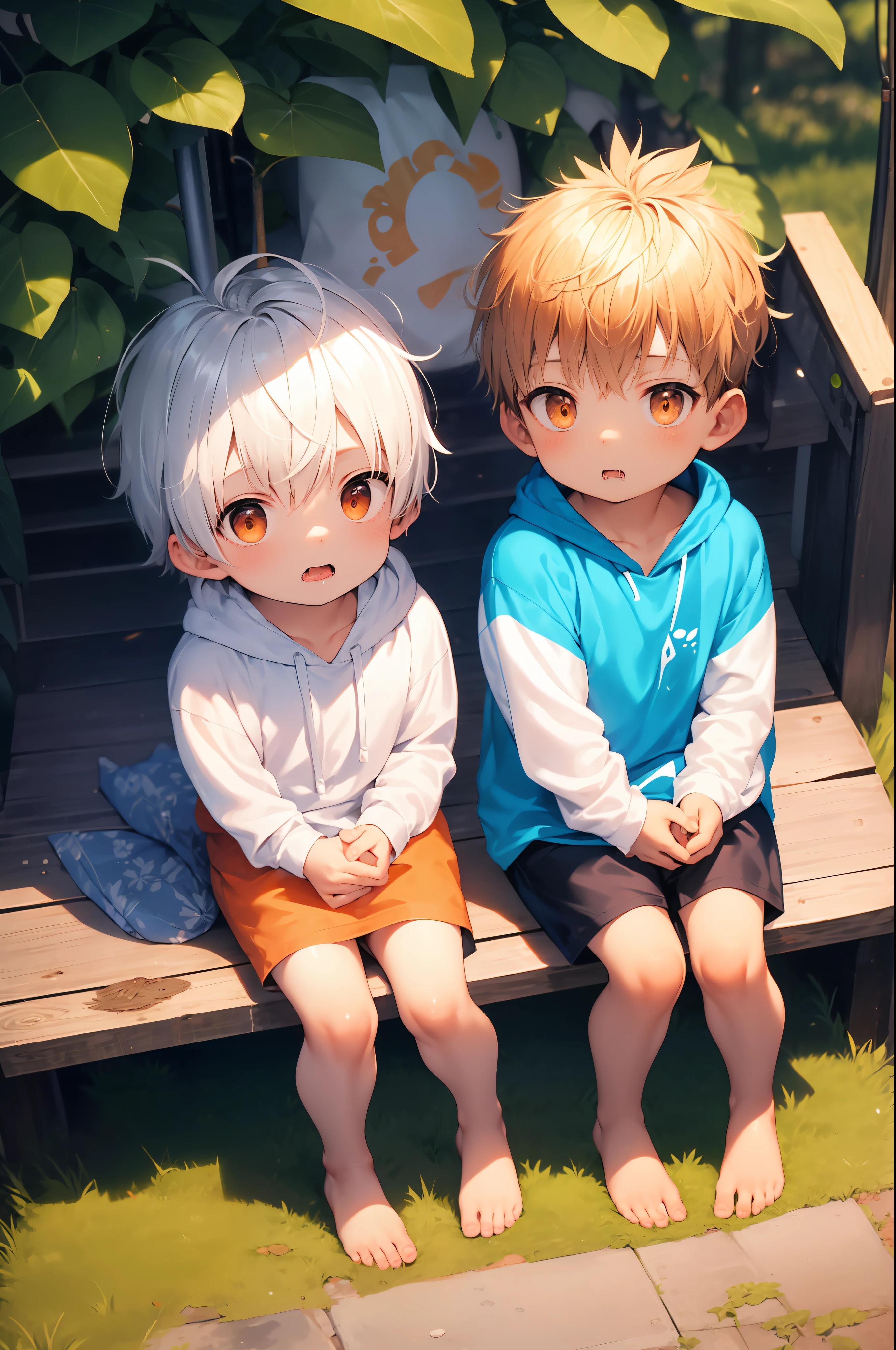 2 chubby Little boys with White hair and shiny orange eyes and barefoot wearing a oversized hoodie sitting on a field, blushing, drooling, young, boy, child