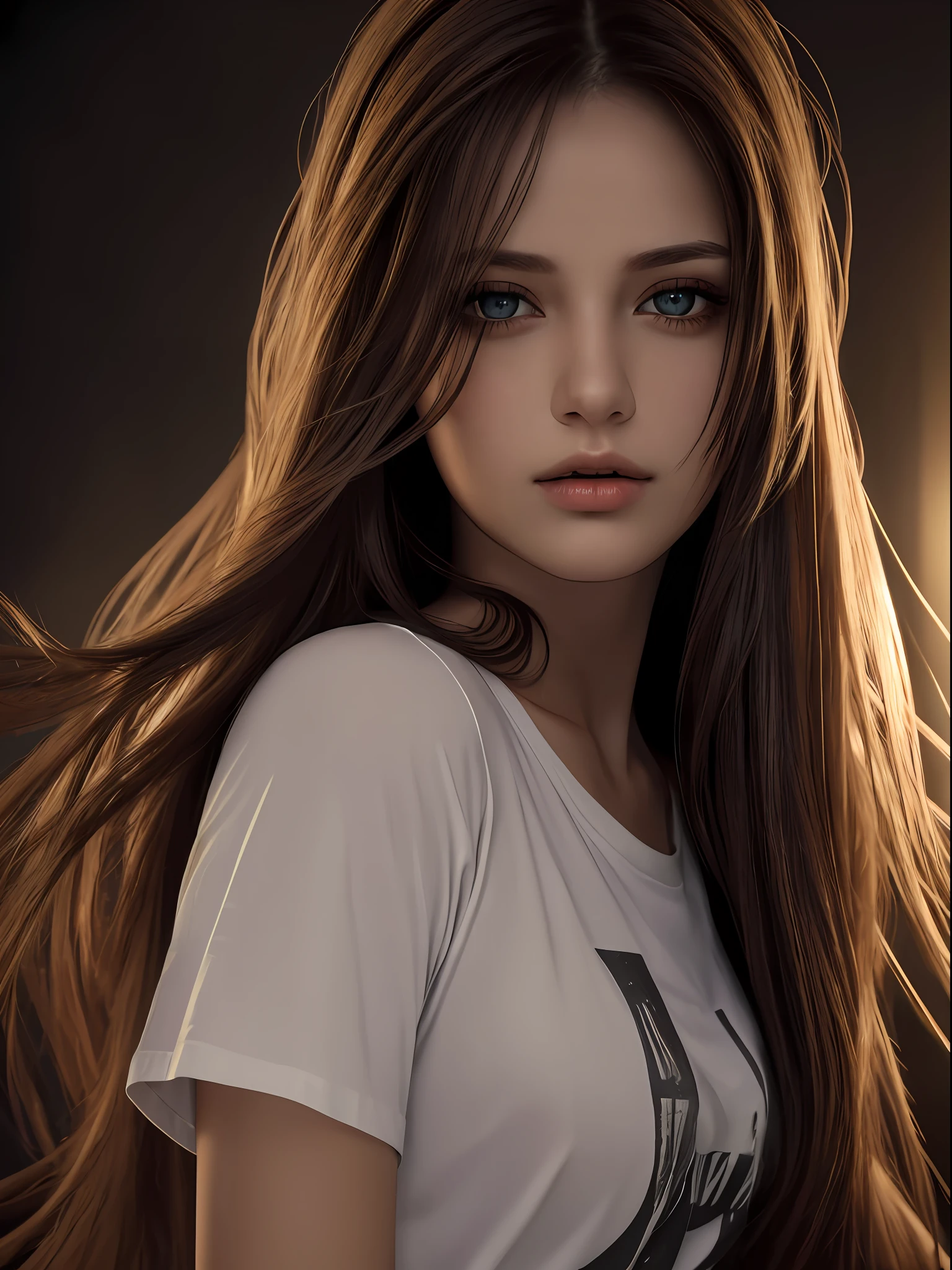 Best quality, masterpiece, ultra high res, (photorealistic:1.37), raw photo, 1girl, long hair, beautifull eyes,  beautifull face, detailed eyes and face, t-shirt, dynamic lighting, in the dark, deep shadow, low key, cowboy shot