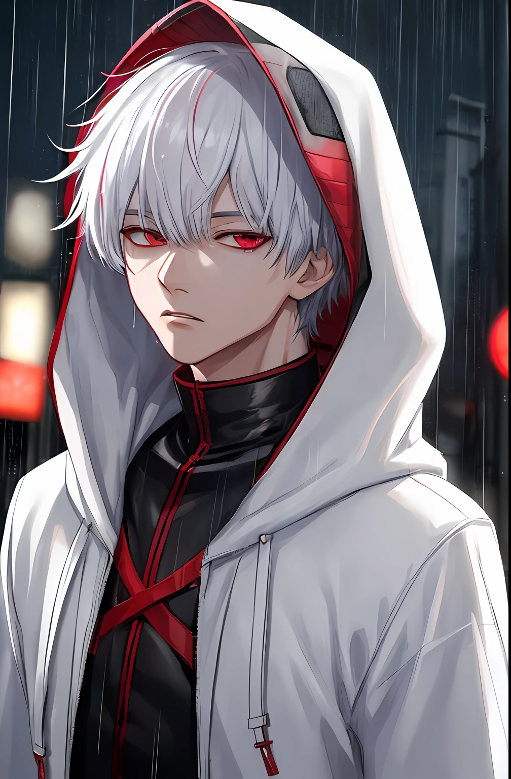 kk, best quality, more details, masterpiece, 1boy, kaneki ken, portrait, male focus, red eyes, solo, bangs, looking at viewer, hood, short hair, rain, tokyo tokyo \(city\),  hood up, nail polish, white hair, luxurious, 8k, detailed, ray tracing, depth of field, cinematic lighting,