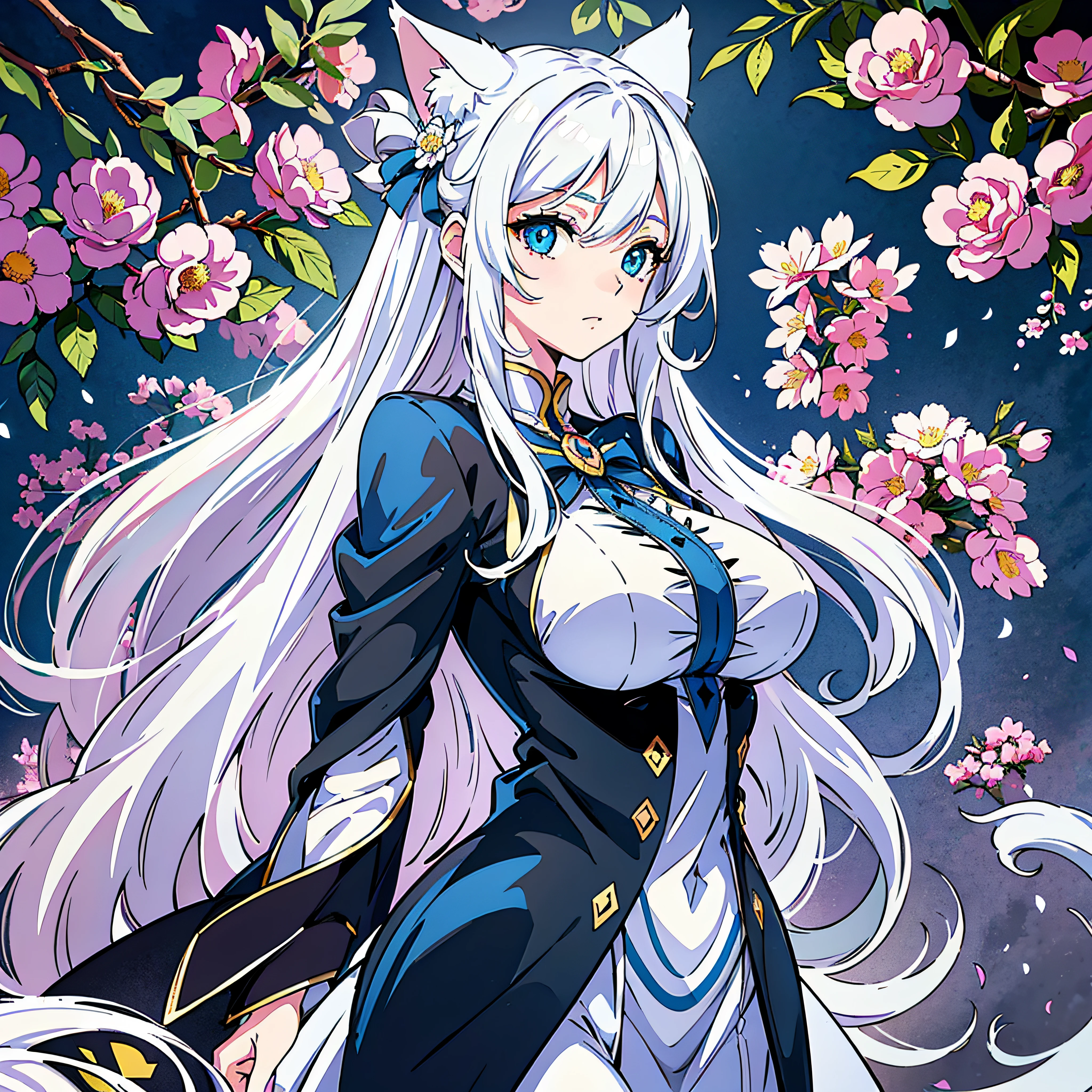 long white hair,White cat ears,Cat lady,anime big breast,Perfect face,shinning eyes,flower sea,Works of masters,8K,s the perfect face,blue color eyes,super high image quality,shift dresses,The upper part of the body