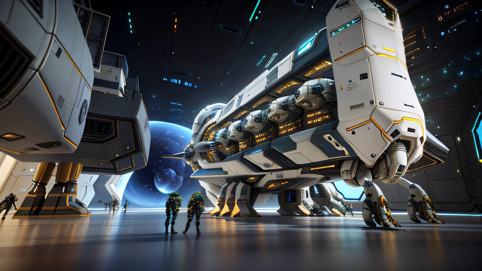 A spaceship in a sci-fi environment,People are standing around, spaceship hangar, 8 K high detail concept art, spaceship being repaired, 3 d octane render conceptart, octane render sci - fi, scifi space station, 3 d render of a scifi spaceport, futuristic space station, Rendered in redshift, 8 k cg render, sci-fi space game art