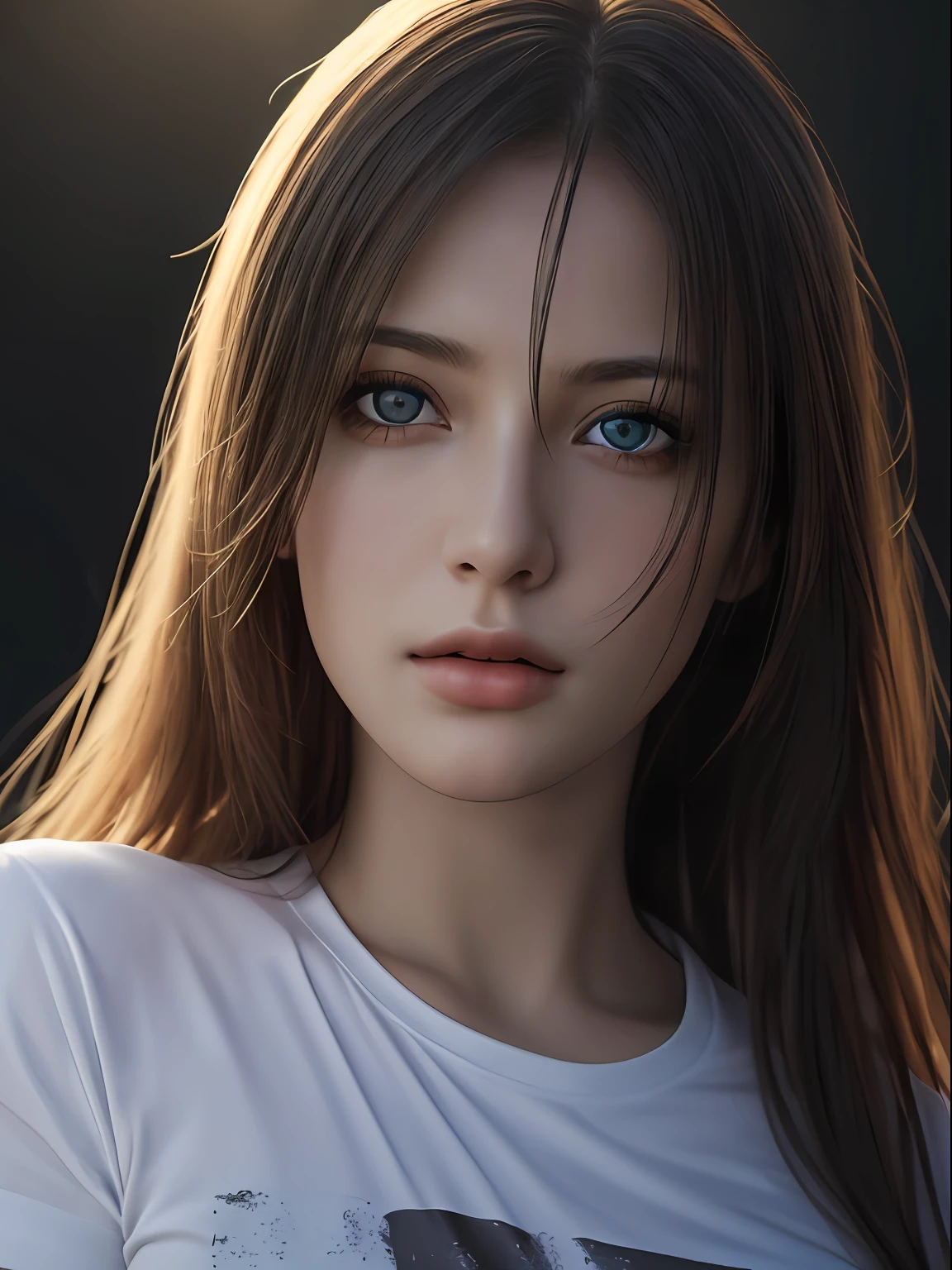 Best quality, masterpiece, ultra high res, (photorealistic:1.37), raw photo, 1girl, long hair, beautifull eyes,  beautifull face, detailed eyes and face, t-shirt, dynamic lighting, in the dark, deep shadow, low key, cowboy shot