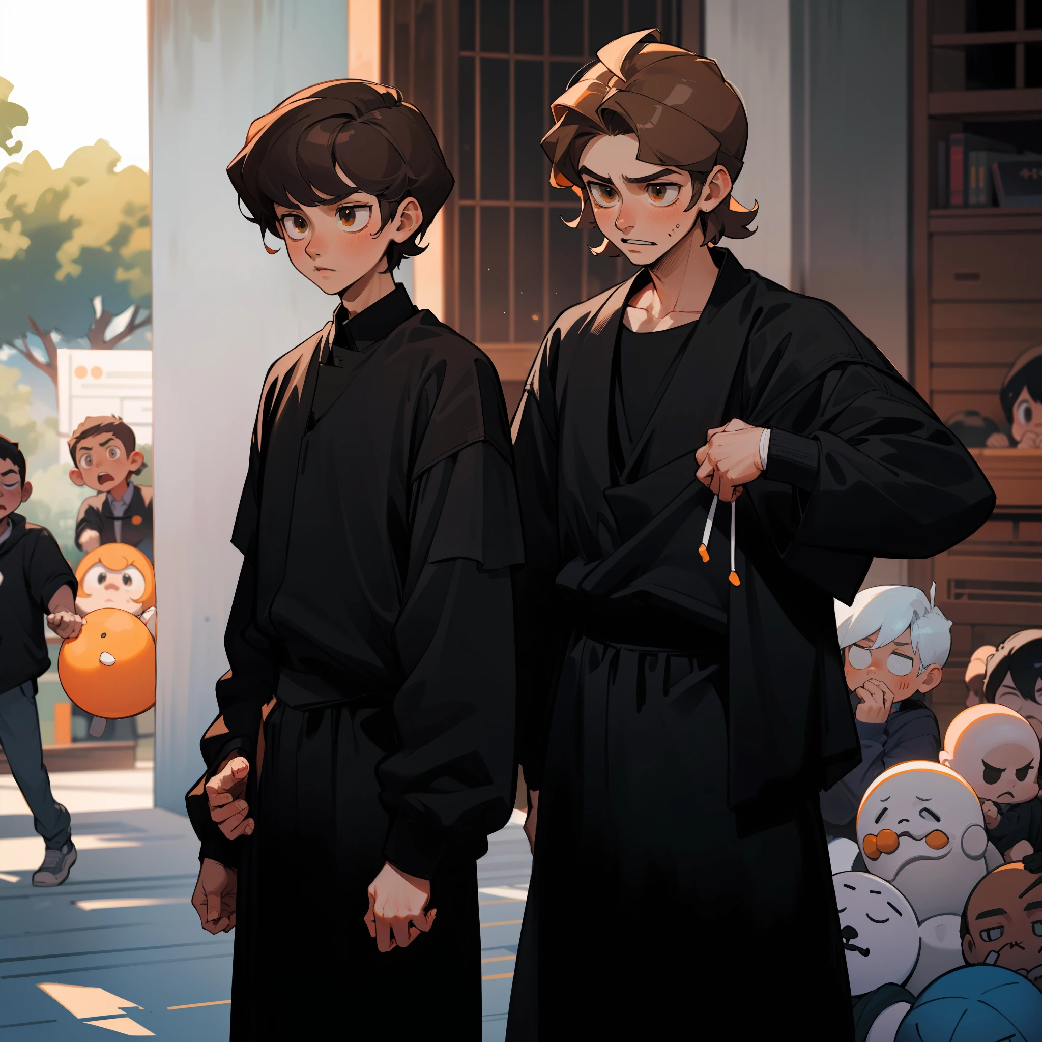 Mourning 15-year-olds dressed in black mourn the death of their brown-skinned children, hermano latino de pelo naranja, estan en la escuela hablan preocupados sobre algo importante