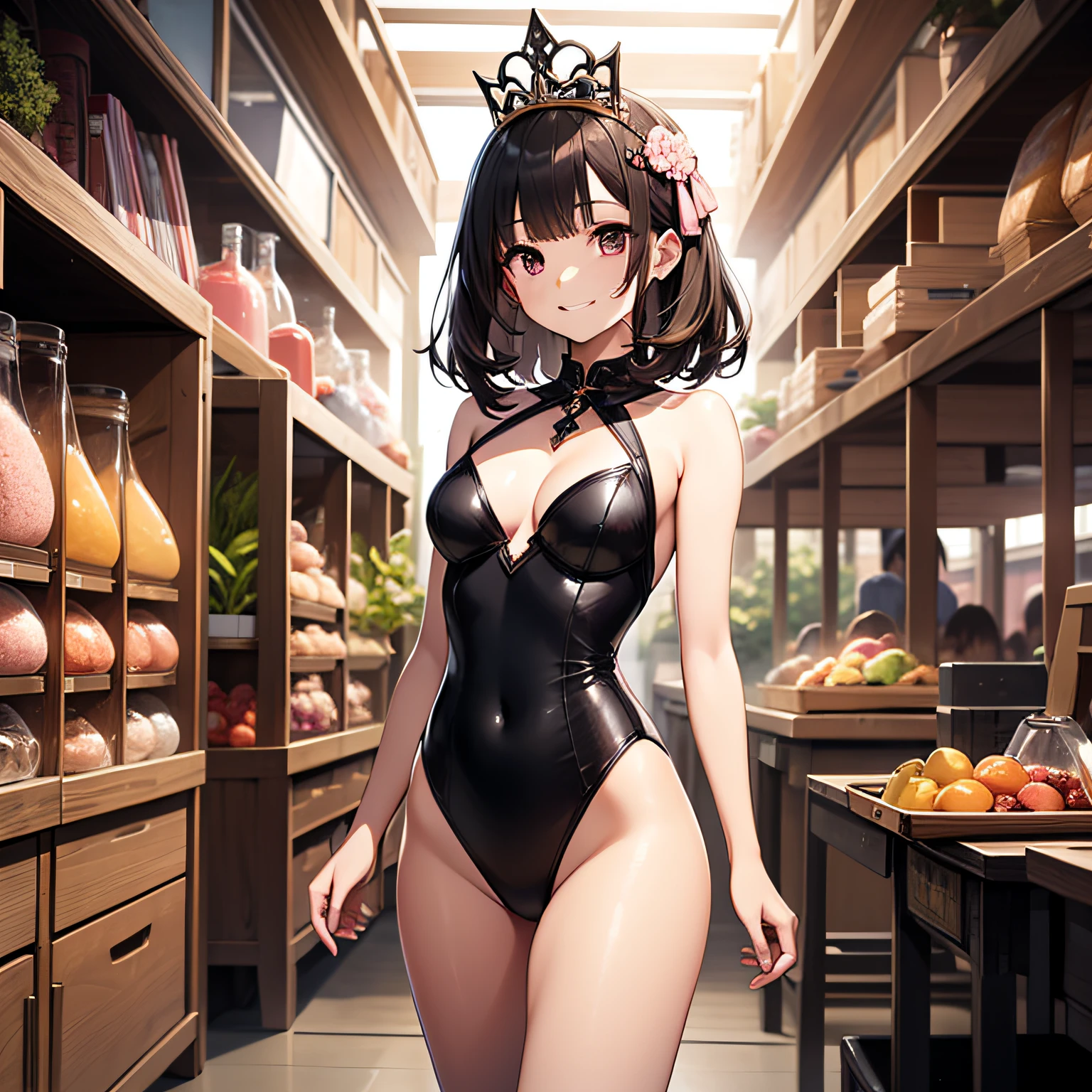 top-quality、extremely delicate and beautiful、Soio、a 14 year old girl、Chiquita、japanes、a junior high school student、A dark-haired、(Pink leotard)、dress room、Tiara on the head、A smile、is standing
