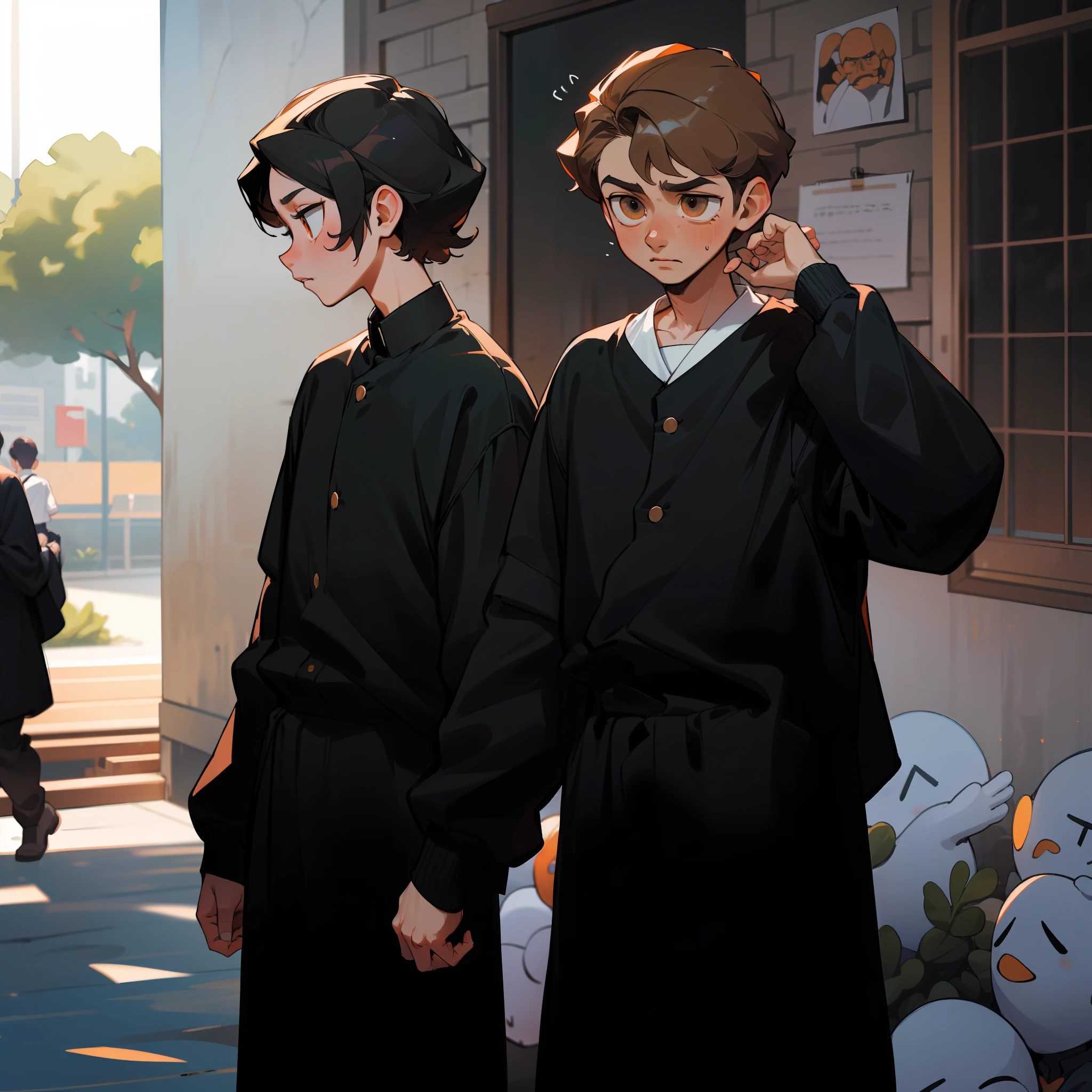 Mourning 15-year-olds dressed in black mourn the death of their brown-skinned children, hermano latino de pelo naranja, estan en la escuela hablan preocupados sobre algo importante