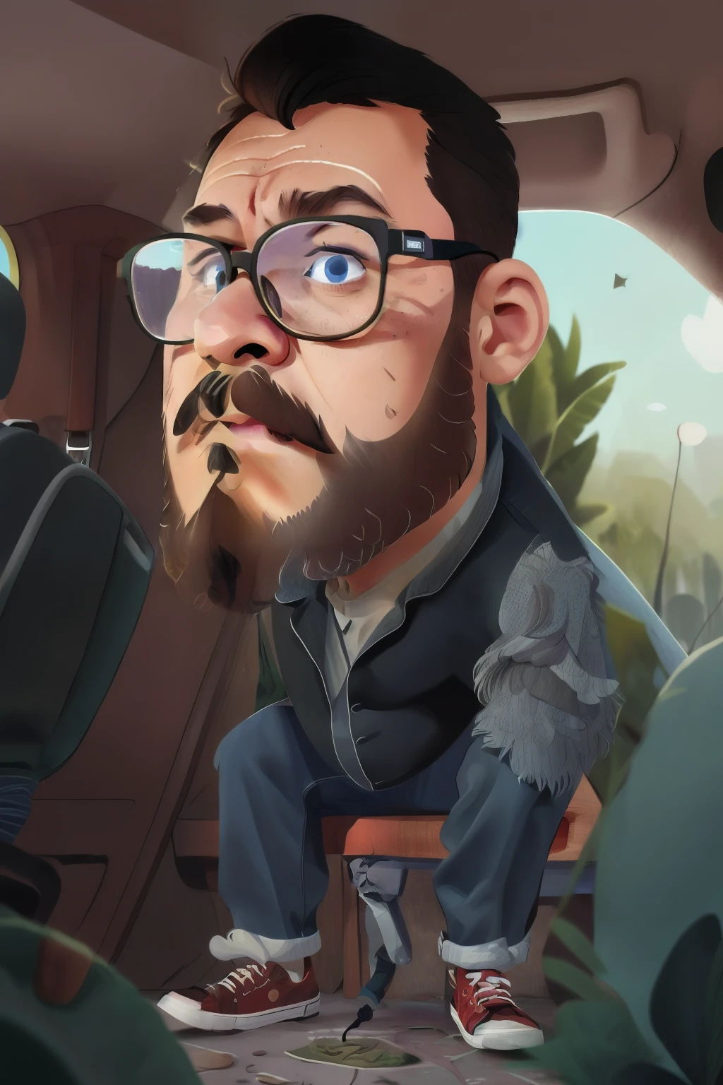 guttonervision8, ((best quality)), ((masterpiece)), ((realistic cartoon)), ((perfect character)) - A detailed and realistic portrait of a bearded man wearing glasses, dressed in a black shirt, blue jeans, and sturdy adventure-style footwear. The image showcases every intricate feature of the man's face, emphasizing his beard and glasses. The clothing's textures and the fine details of his outfit are beautifully rendered in UHD resolution, creating a lifelike and captivating depiction of the man with an adventurous spirit.