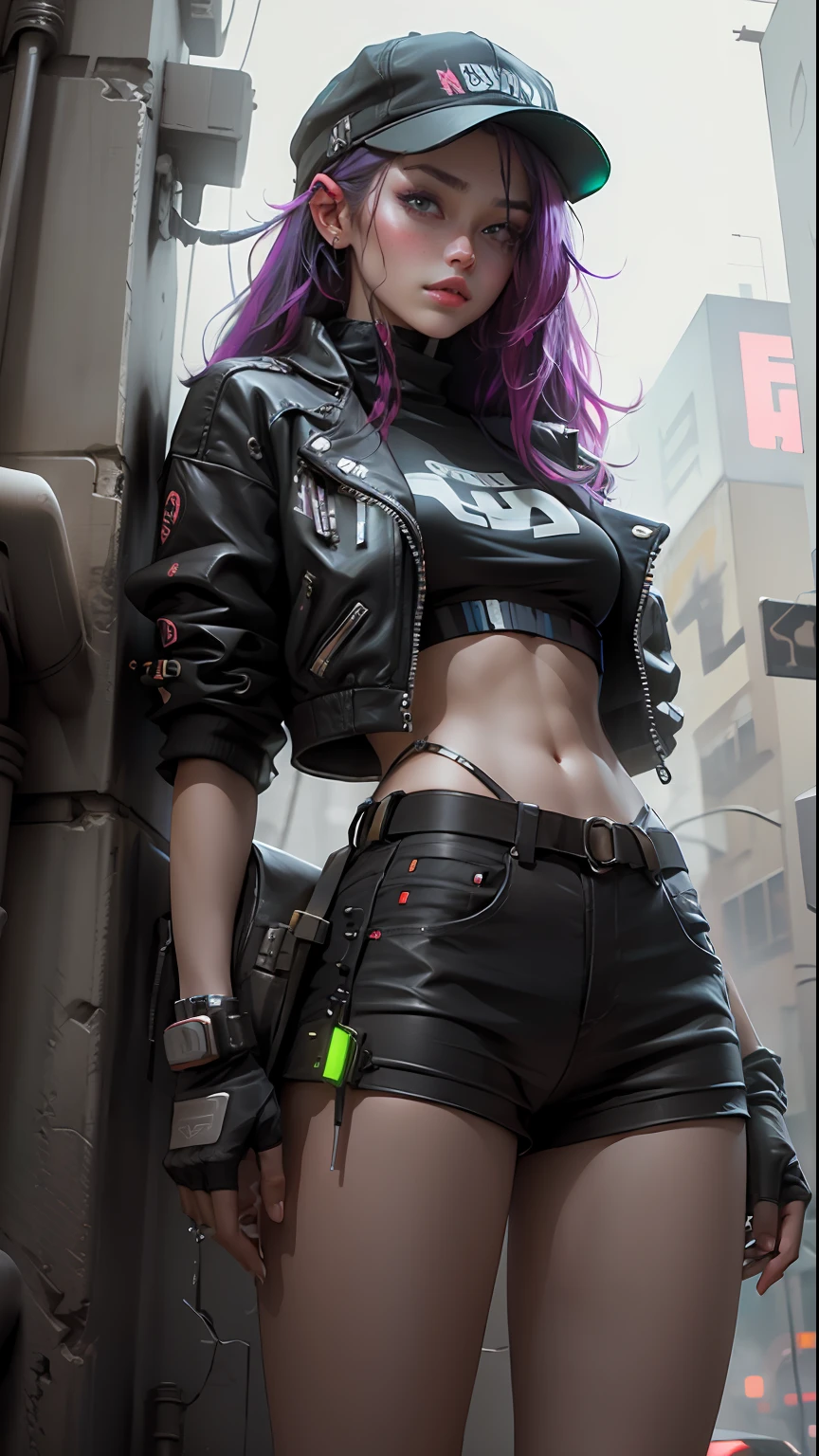 Beautiful woman medium hair, wearing cap, cyberpunk style short clothes