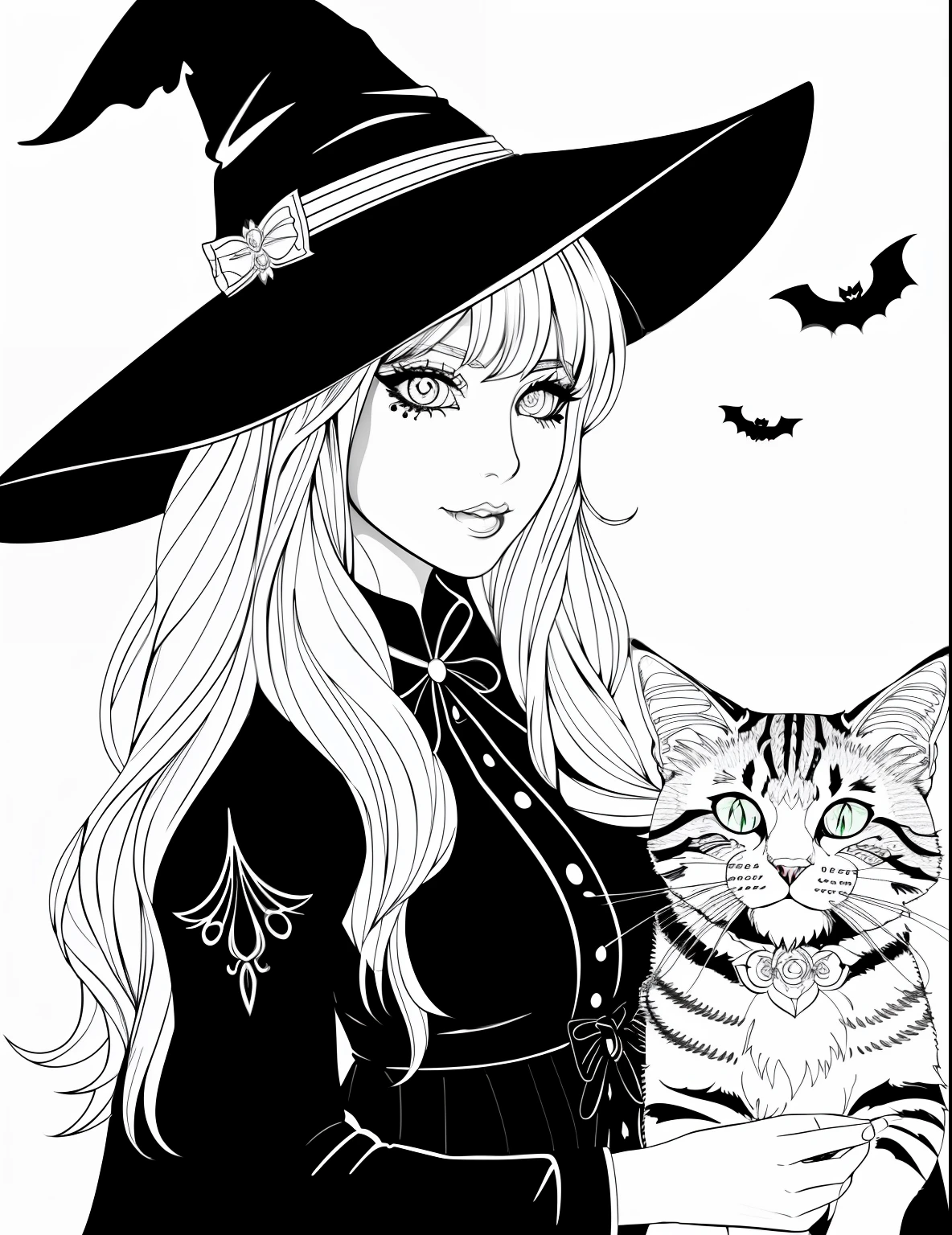 A coloring page with a girl and a cat in a Halloween scene, beautiful witch spooky female, line art colouring page, Retrato de uma jovem bruxa, Bruxa bonita com cabelo longo, black and white coloring, beautiful witch female, coloring book outline, Retrato de uma jovem bruxa, bruxa feminina bonita, clean coloring book page, bela arte de linha, arte vetorial em preto e branco