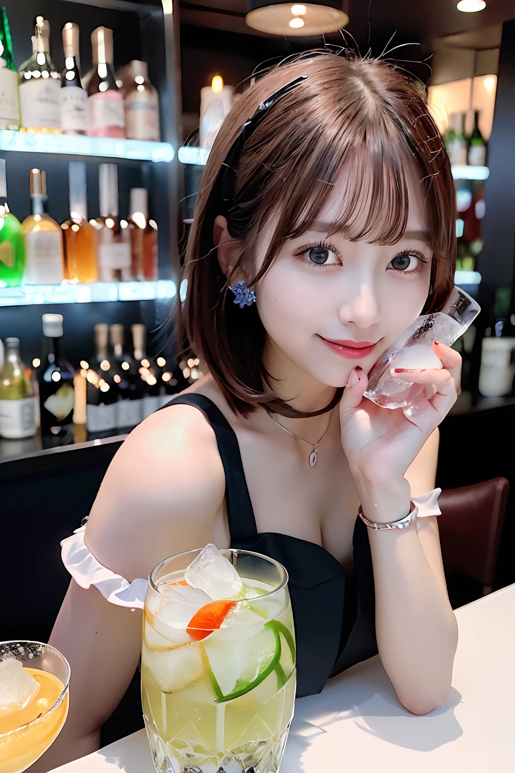 (Female bartender serving beautiful cocktails at dimly lit bar counter,),(( White and black bartender uniform,))、Japan Idol Girl、A smile、(Reddish brown straight bob cut hair、hair pin)、huge-breasted、(((Pour the ice cubes into a shiny glass container,、Enjoy a colorful blue cocktail inspired by summer,))),Beautiful fingers,Beautiful fingertips,gazing at viewer、