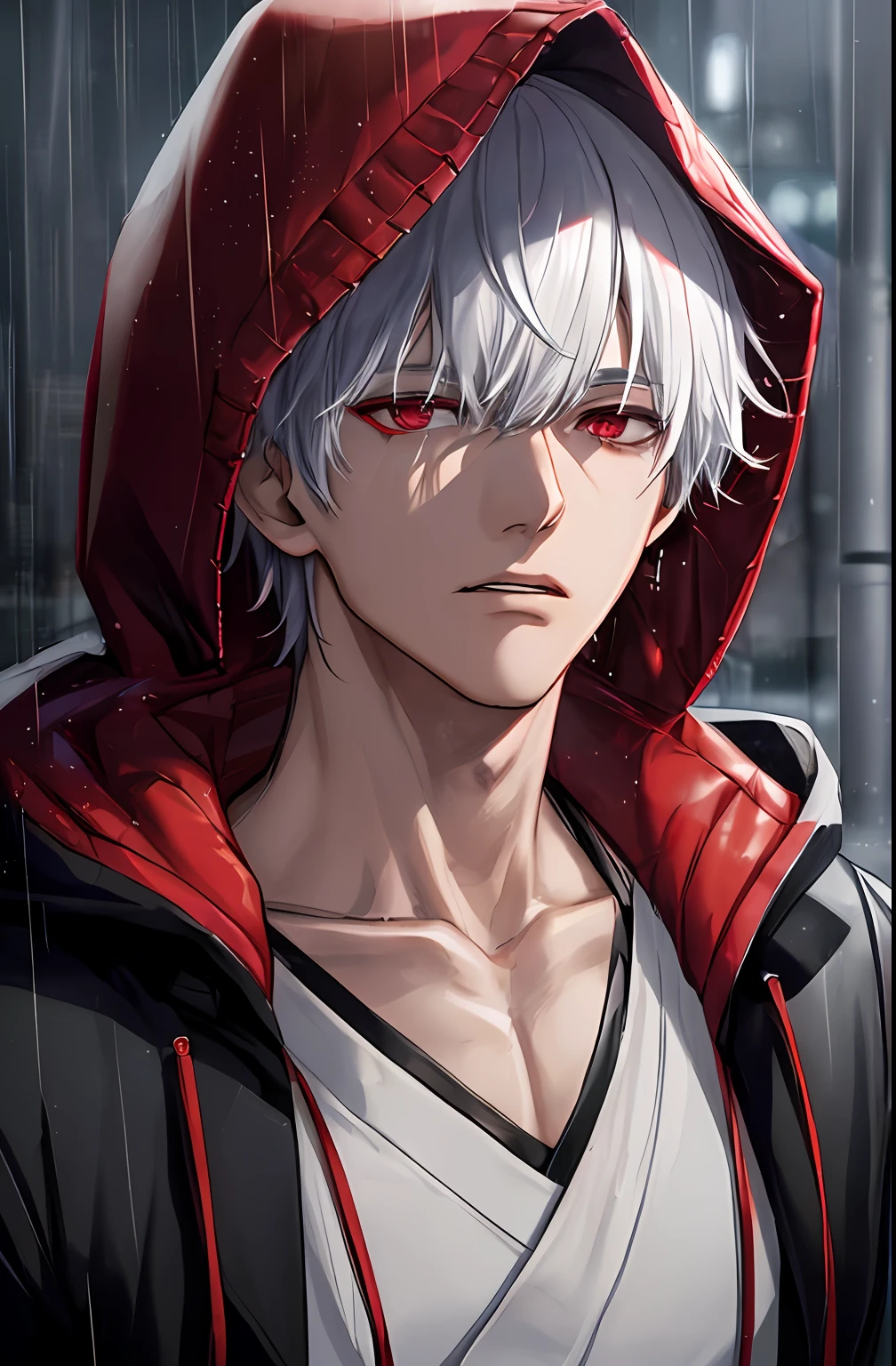 kk, best quality, more details, masterpiece, 1boy, kaneki ken, portrait, male focus, red eyes, solo, bangs, looking at viewer, hood, short hair, rain, tokyo tokyo \(city\), hood up, nail polish, white hair, luxurious, 8k, detailed, ray tracing, depth of field, cinematic lighting,