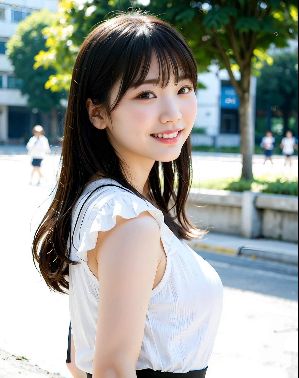 1 young female nursery teacher and 2 girls 5 years old, top quality, big breasts, sun, bright, blurred background, bokeh, outdoor, (street: 0.8), (people, crowd: 1), soft lighting, wind, shiny skin, smile,