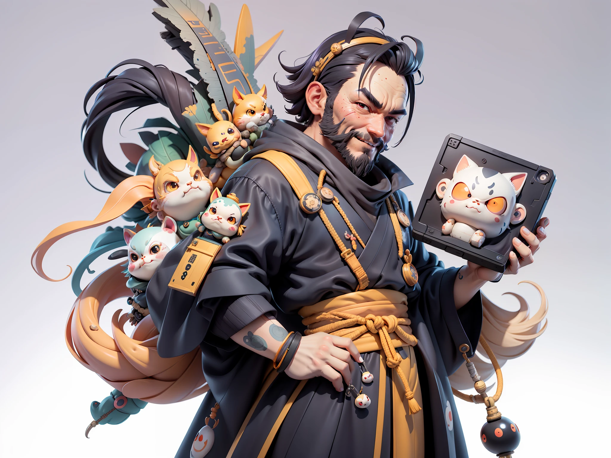 (Daisaku),(Need),(Super meticulous),(full bodyesbian:1.2),Japanese ukiyo-e girl,japanese geisha,Beautiful,Oriental dragon,Aeolian Thor,Raised ,爆乳,Oriental face,TV Anchor,Bust portrait illustration,Alone,In black suit,a blue tie,The face is slightly chubby,The face was clean,without a beard,Black super short hair,Black eyes,Smile confidently,3C computer sub-products,iPad, iphone,Digital painting,3D character design by Mark Clairen and Pixar and Hayao Miyazaki and Akira Toriyama,The illustration is a high-definition illustration in 4K resolution,With very detailed facitures and cartoon-style visuals。