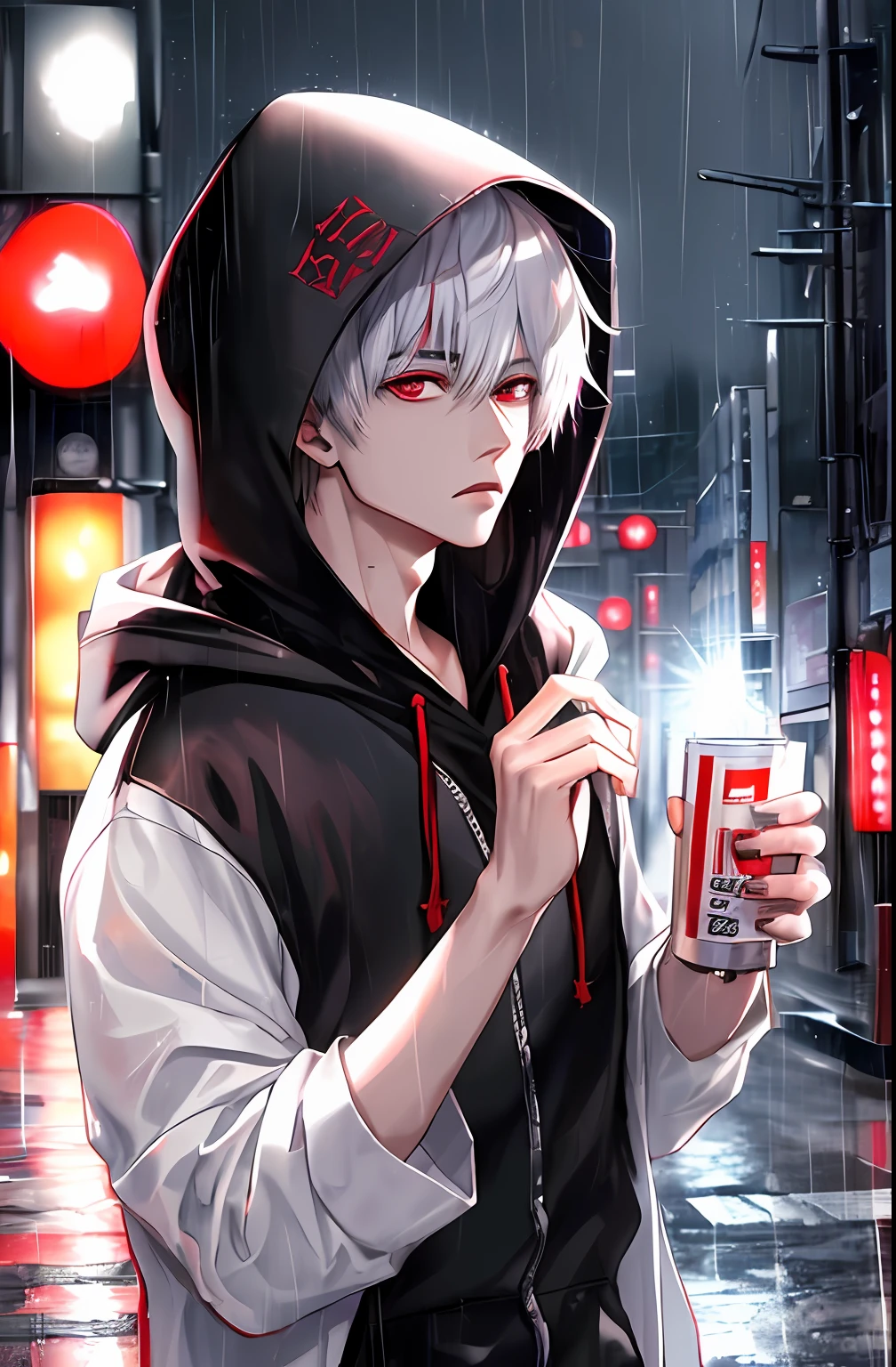 kk, best quality, more details, masterpiece, 1boy, kaneki ken, portrait, male focus, red eyes, solo, bangs, looking at viewer, hood, short hair, rain, tokyo tokyo \(city\), hood up, nail polish, white hair, luxurious, 8k, detailed, ray tracing, depth of field, cinematic lighting,