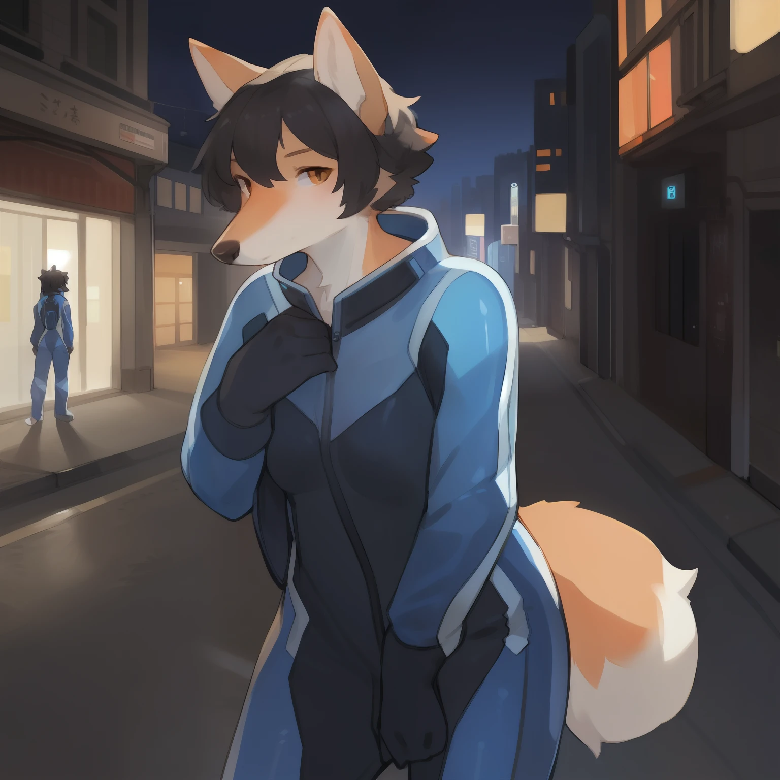 Solo, female, street, by bebebebebe, ((hair, snout)), pale fox, (((pale orange))) fur, black hair, short curly hair, black nose, (((blue spacesuit))