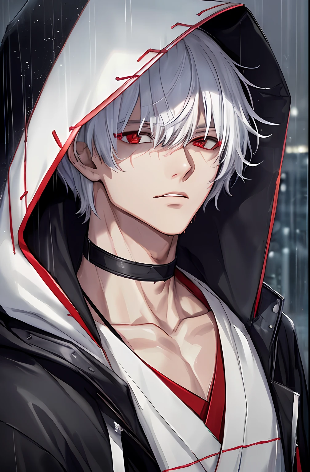 kk, best quality, more details, masterpiece, 1boy, kaneki ken, portrait, male focus, red eyes, solo, bangs, looking at viewer, hood, short hair, rain, tokyo tokyo \(city\), hood up, nail polish, white hair, luxurious, 8k, detailed, ray tracing, depth of field, cinematic lighting,