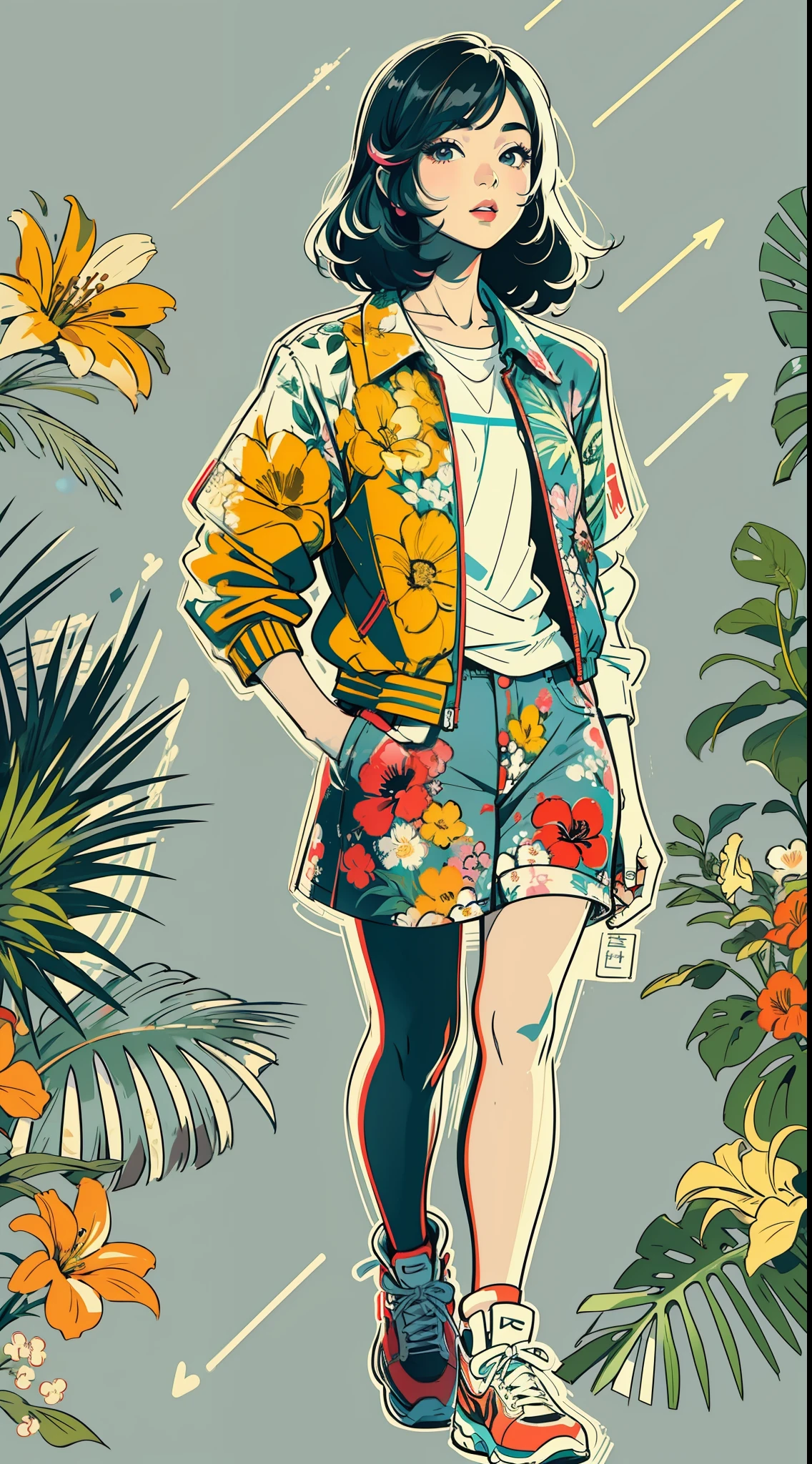 Create a digital art work in pop art style, featureing a vibrant and confident asian young girl with street fashion, cinematic color scheme, surrounded by vintage flowers patterns, energtic brushstrokes,the mood should be dynamic, upper body, drawing, illustration, grayscale, tropical, vintage fruits, vintage plants, many flowers, vector