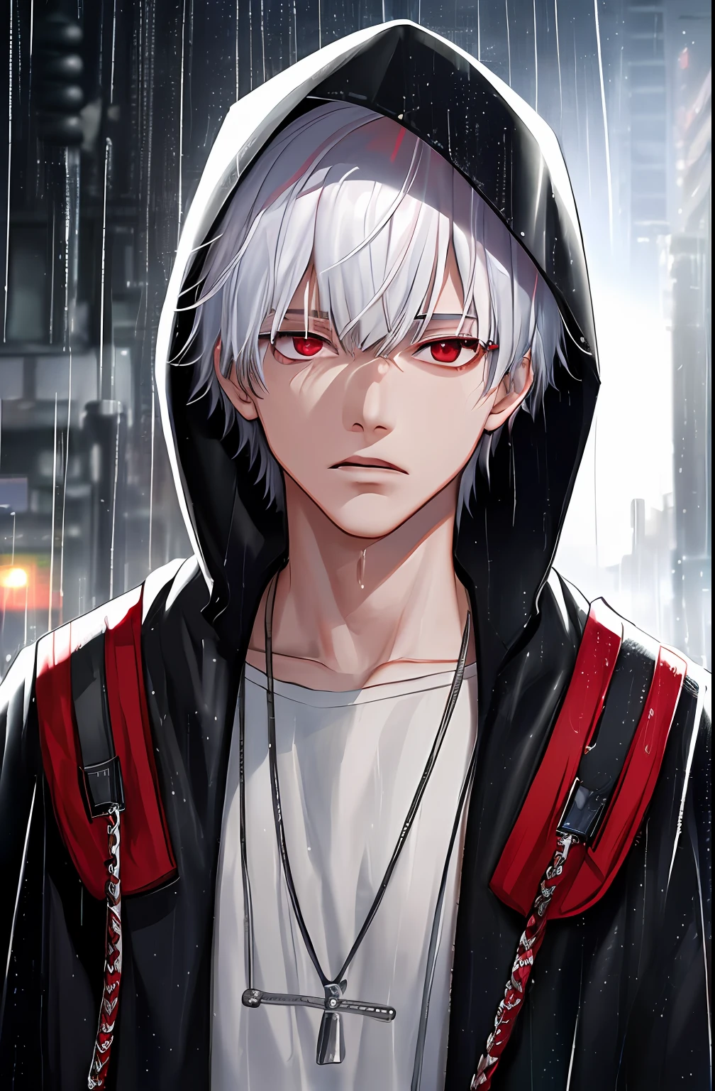 kk, best quality, more details, masterpiece, 1boy, kaneki ken, portrait, male focus, red eyes, solo, bangs, looking at viewer, hood, short hair, rain, tokyo tokyo \(city\), hood up, nail polish, white hair, luxurious, 8k, detailed, ray tracing, depth of field, cinematic lighting,