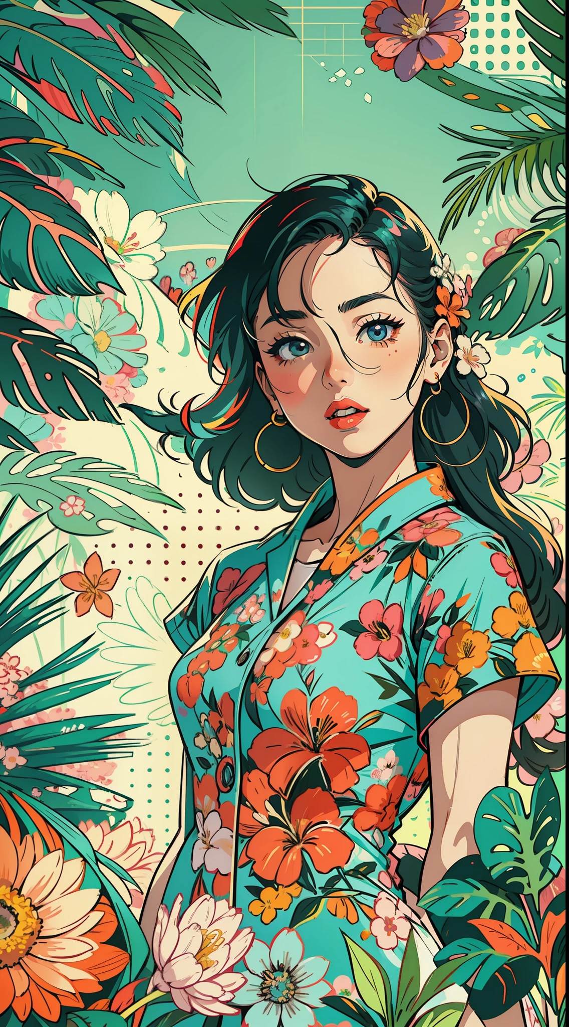Create a digital art work in pop art style, featureing a vibrant and confident asian young girl with street fashion, cinematic color scheme, surrounded by vintage flowers patterns, energtic brushstrokes,the mood should be dynamic, upper body, drawing, illustration, grayscale, tropical, vintage fruits, vintage plants, many flowers, vector