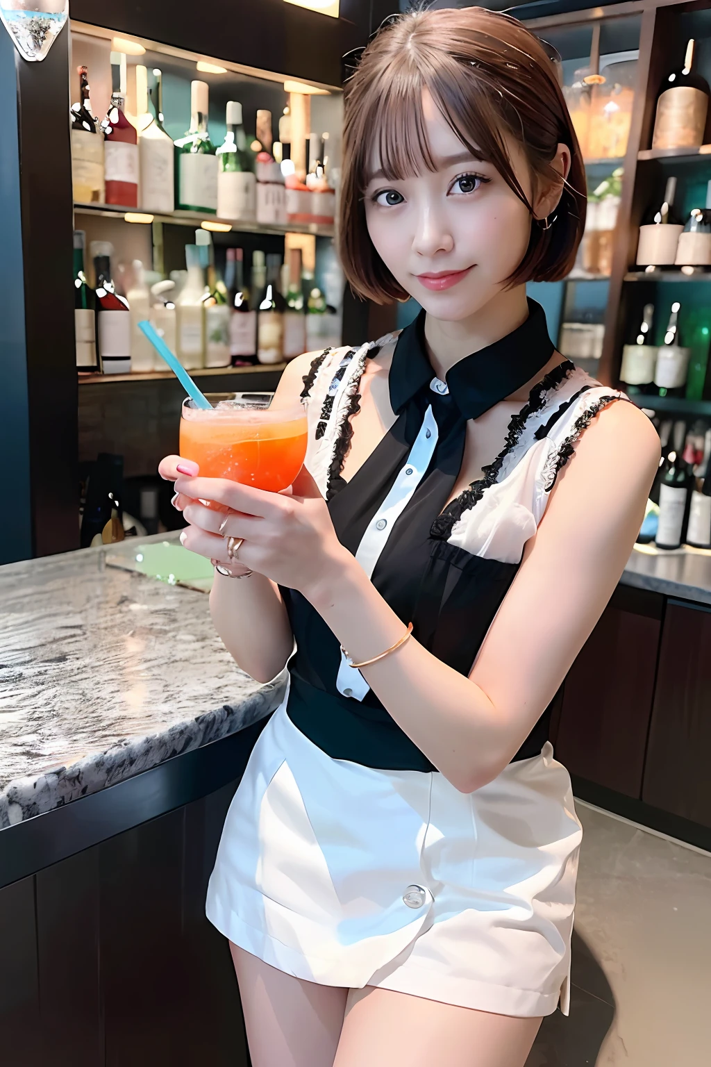 (Female bartender serving beautiful cocktails at dimly lit bar counter,),(( White and black bartender uniform,))、Japan Idol Girl、A smile、(Reddish brown straight bob cut hair、hair pin)、huge-breasted、(((Pour the ice cubes into a shiny glass container,、Enjoy a colorful blue cocktail inspired by summer,))),Beautiful fingers,Beautiful fingertips,gazing at viewer、