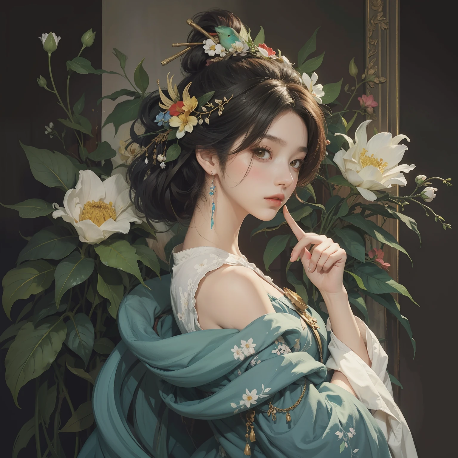 a painting of a woman with flowers and leaves on her head and a bird on her shoulder by James Jean